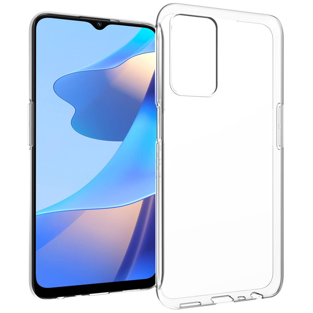 Un téléphone avec un écran bleu et une coque transparente. La coque recouvre les côtés.