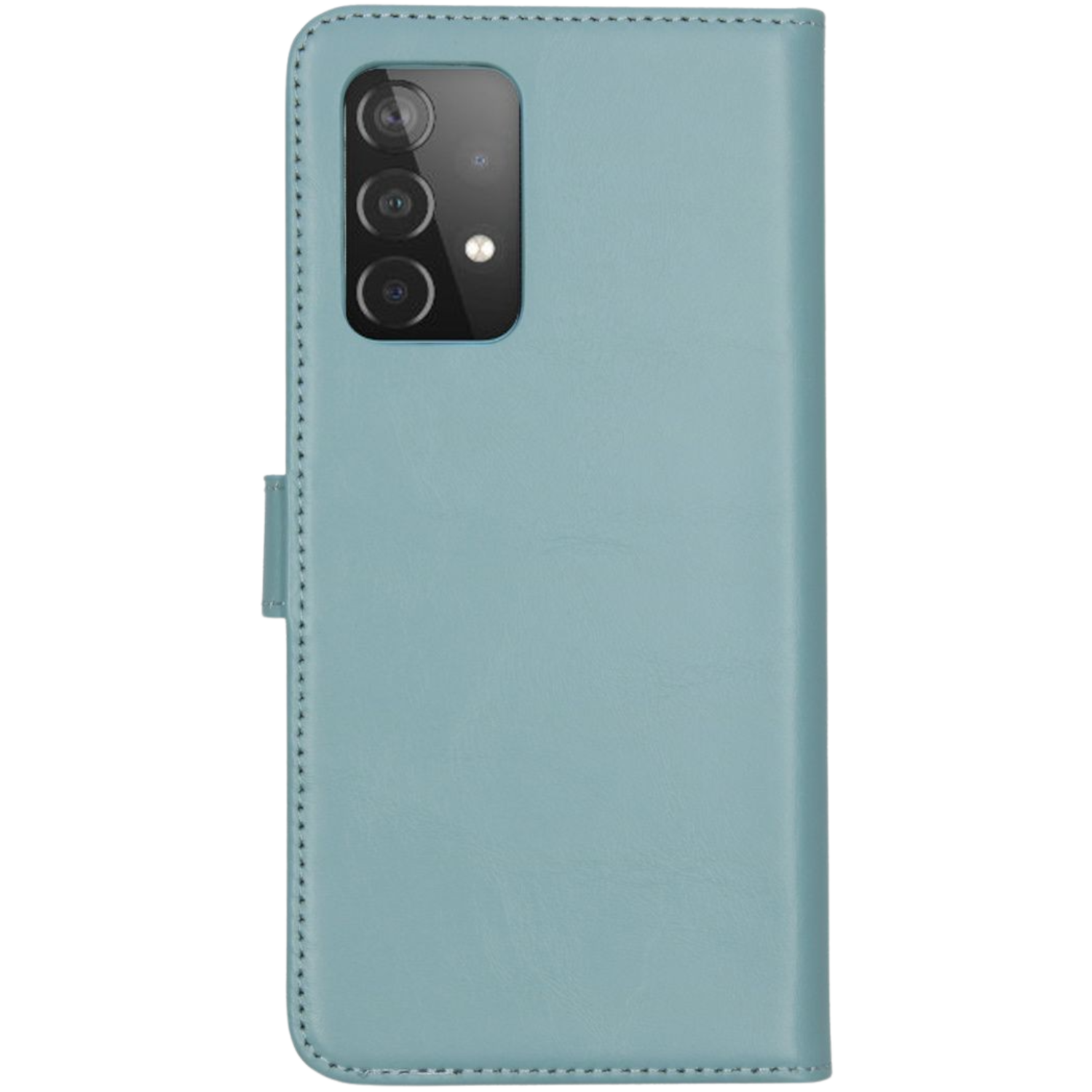 Turquoise telefoonhoes, gesloten, met camera-uitsparingen, op zwarte achtergrond.