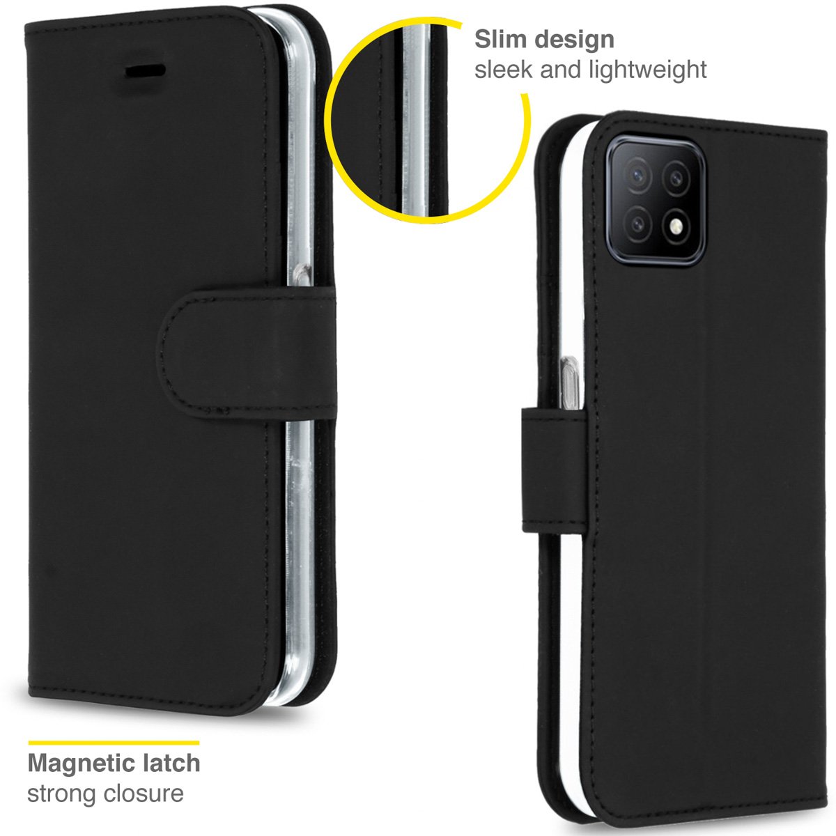 Coque de téléphone noire, ouverte et fermée. Texte : Design fin, fermeture magnétique. Fond blanc.