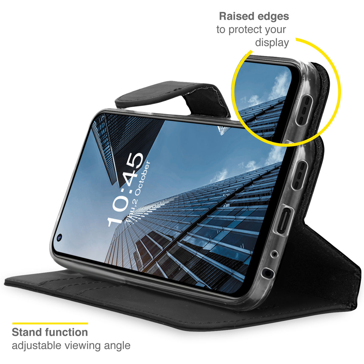 Un téléphone dans un étui noir est incliné. L'écran affiche une vue de la ville. Texte indique des bords surélevés.