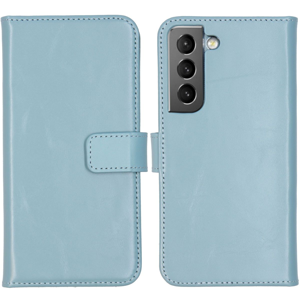 Een lichtblauw telefoonhoesje, open, met een telefoon erin. De hoes heeft een sluiting en drie camera's.