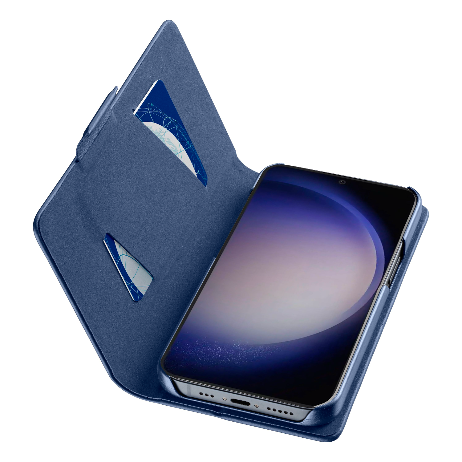 Custodia blu per telefono con telefono all'interno. La custodia è aperta, mostrando uno slot per carte e un telefono.