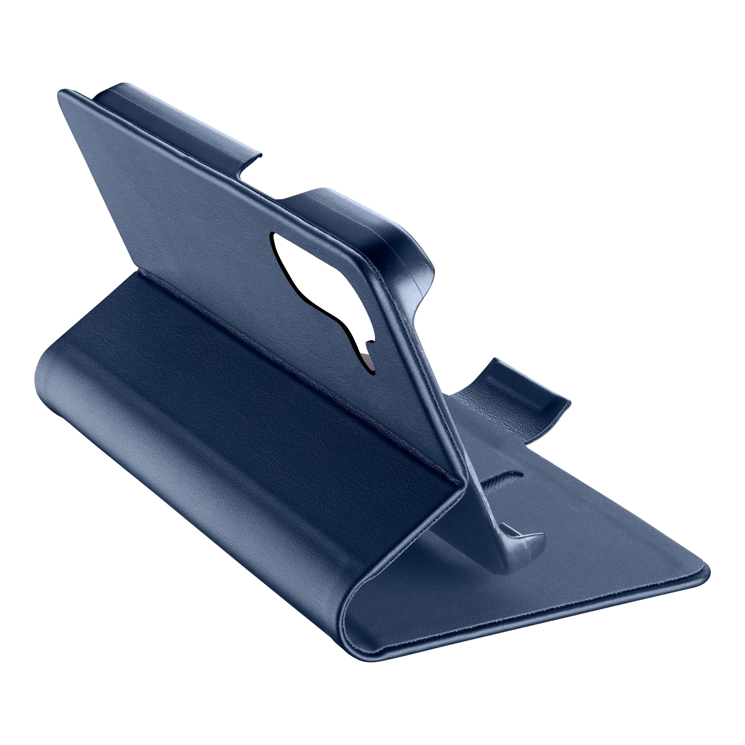 Supporto blu per telefono. È angolato, con una fessura e un foro. La superficie ha una texture simile alla pelle.