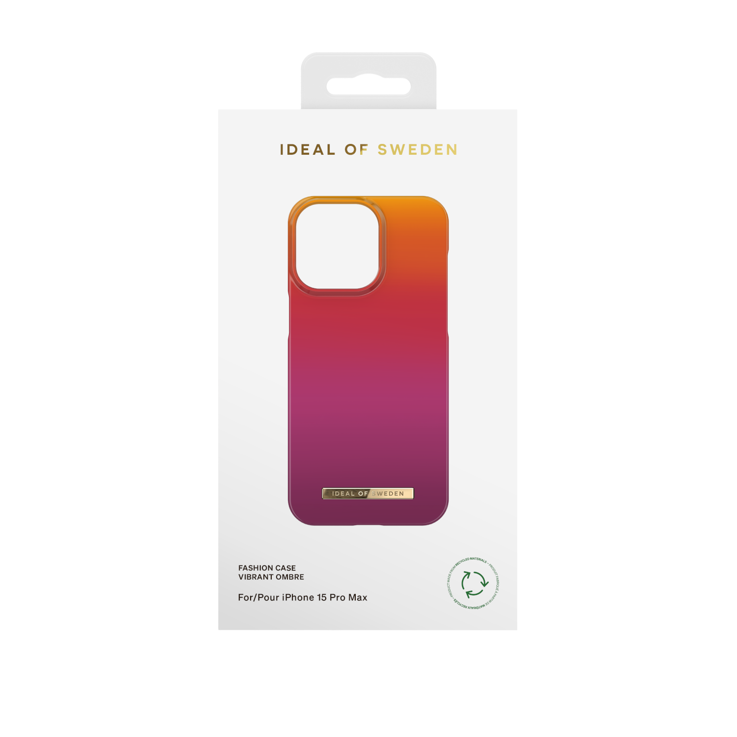 Canlı ombre renkleri olan telefon kılıfı kutusu: turuncu, pembe ve mor. Ideal of Sweden logosu.