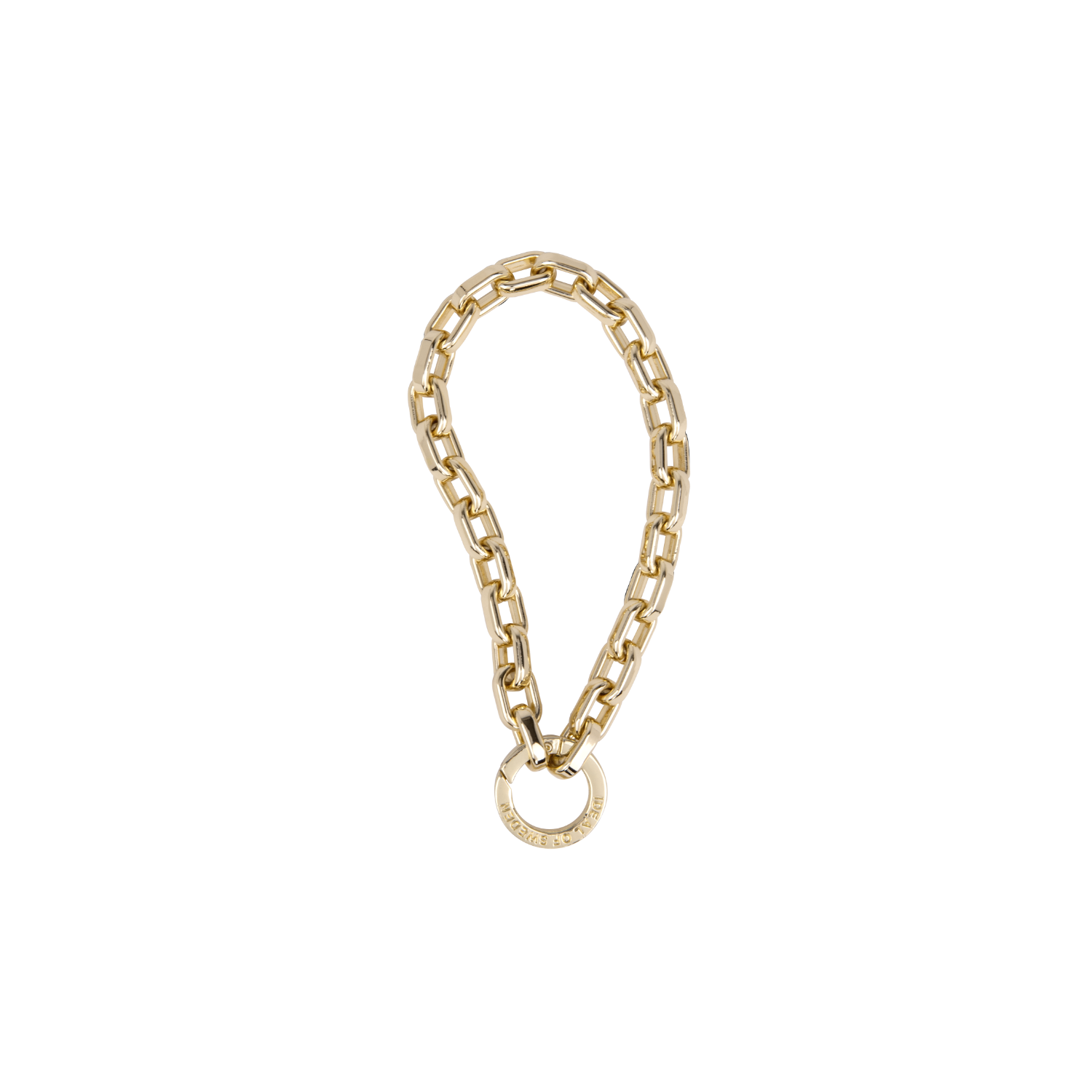 Eine goldene Halskette mit einem runden Anhänger. Die Kette hat ein dickes, quadratisches Kettendesign.