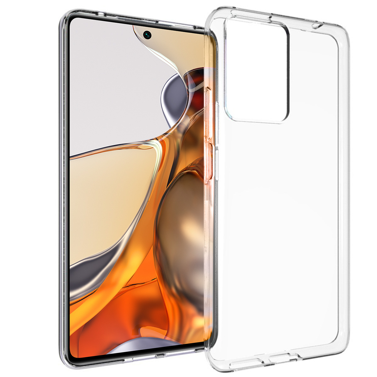 Téléphone à l'intérieur d'une coque transparente. Le téléphone affiche un écran avec un dégradé orange clair et blanc.