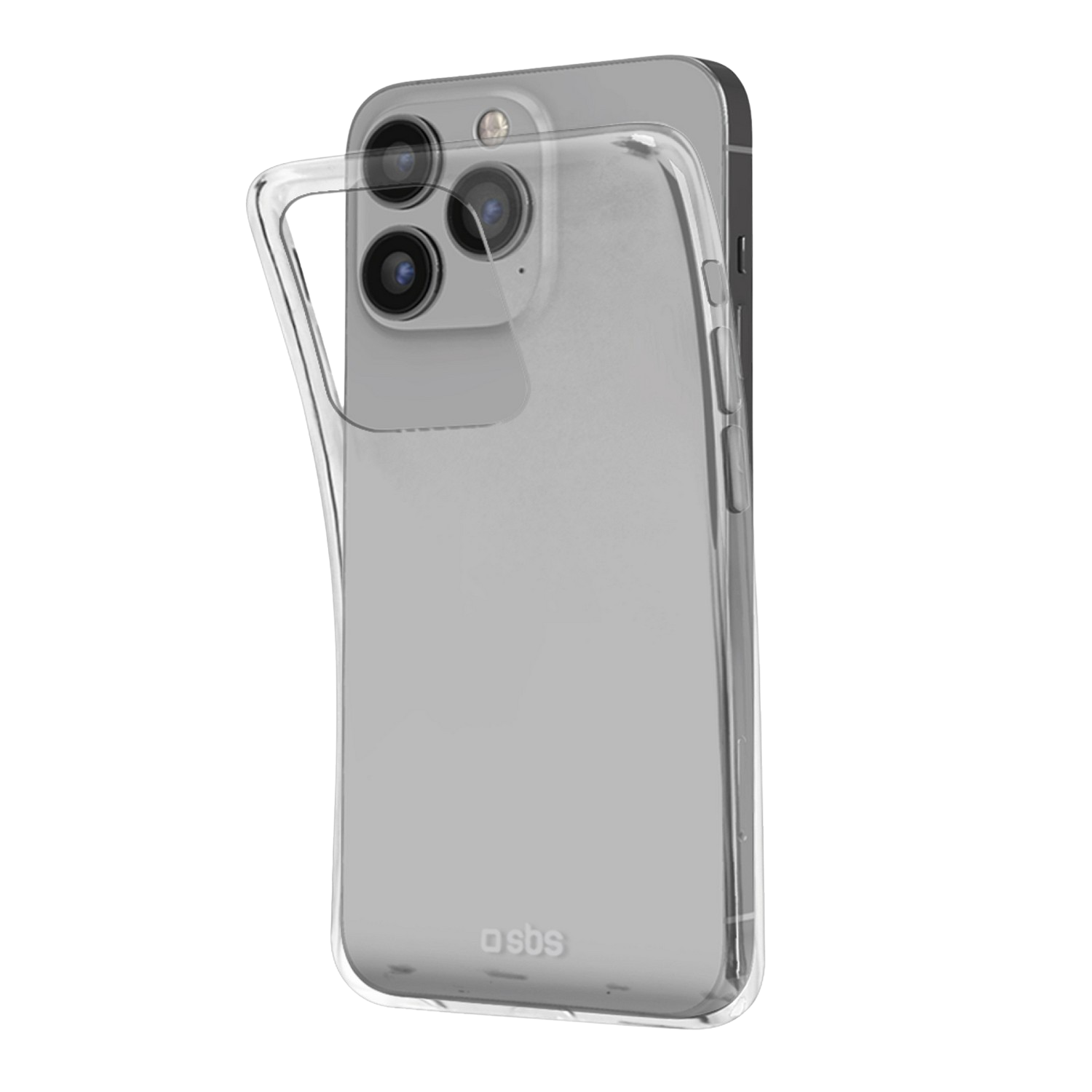 Przezroczyste etui z otwartą klapką, szary telefon w środku. Logo SBS na dole.