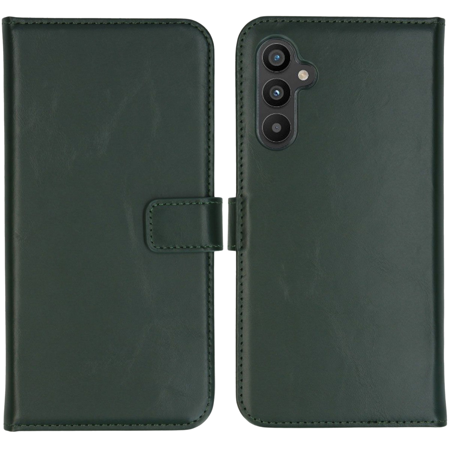 Groene telefoonhoes, open. Met klepsluiting. Telefooncamera zichtbaar.