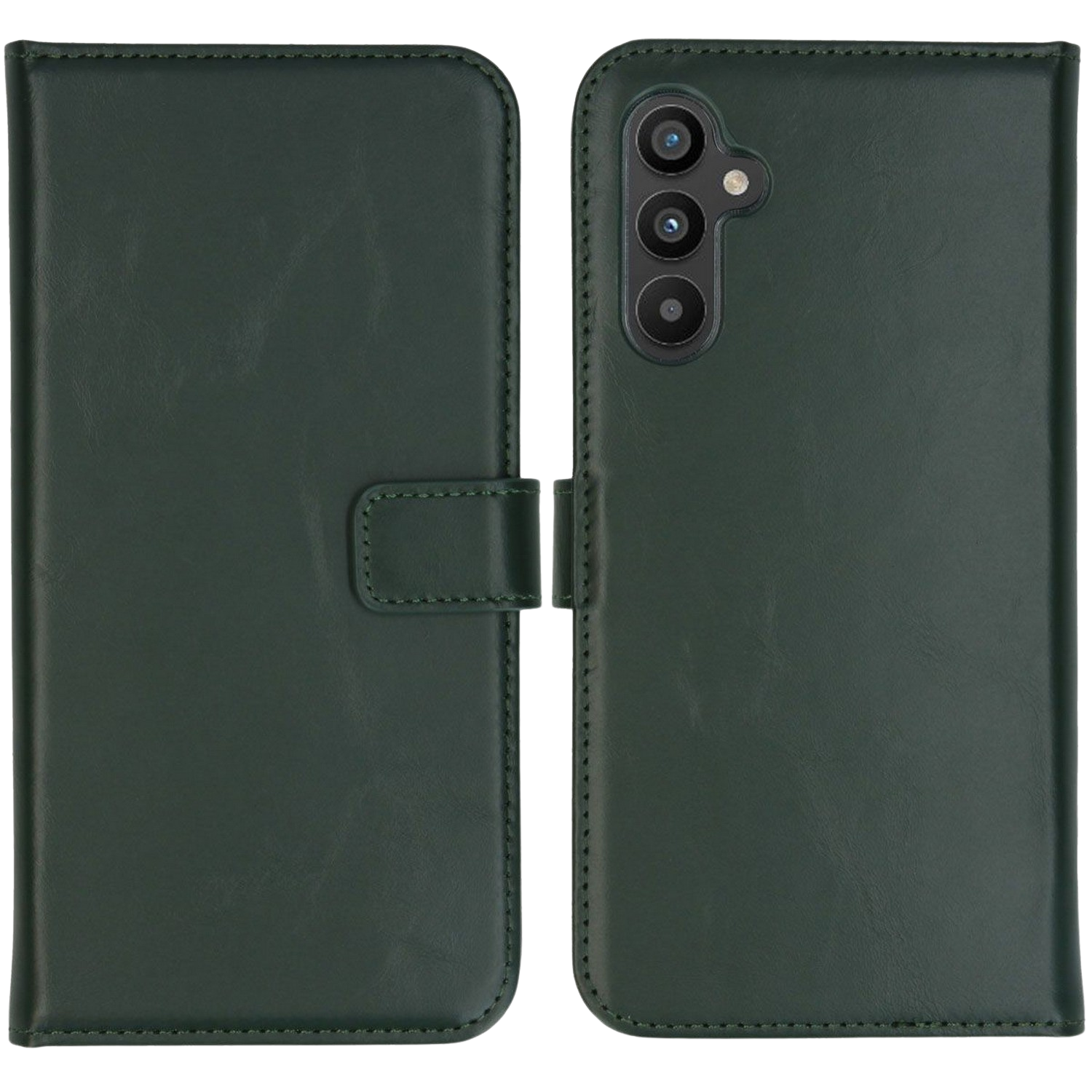 Groene telefoonhoes open, de telefoon en de cameralenzen tonend. De hoes staat op een lichte achtergrond.
