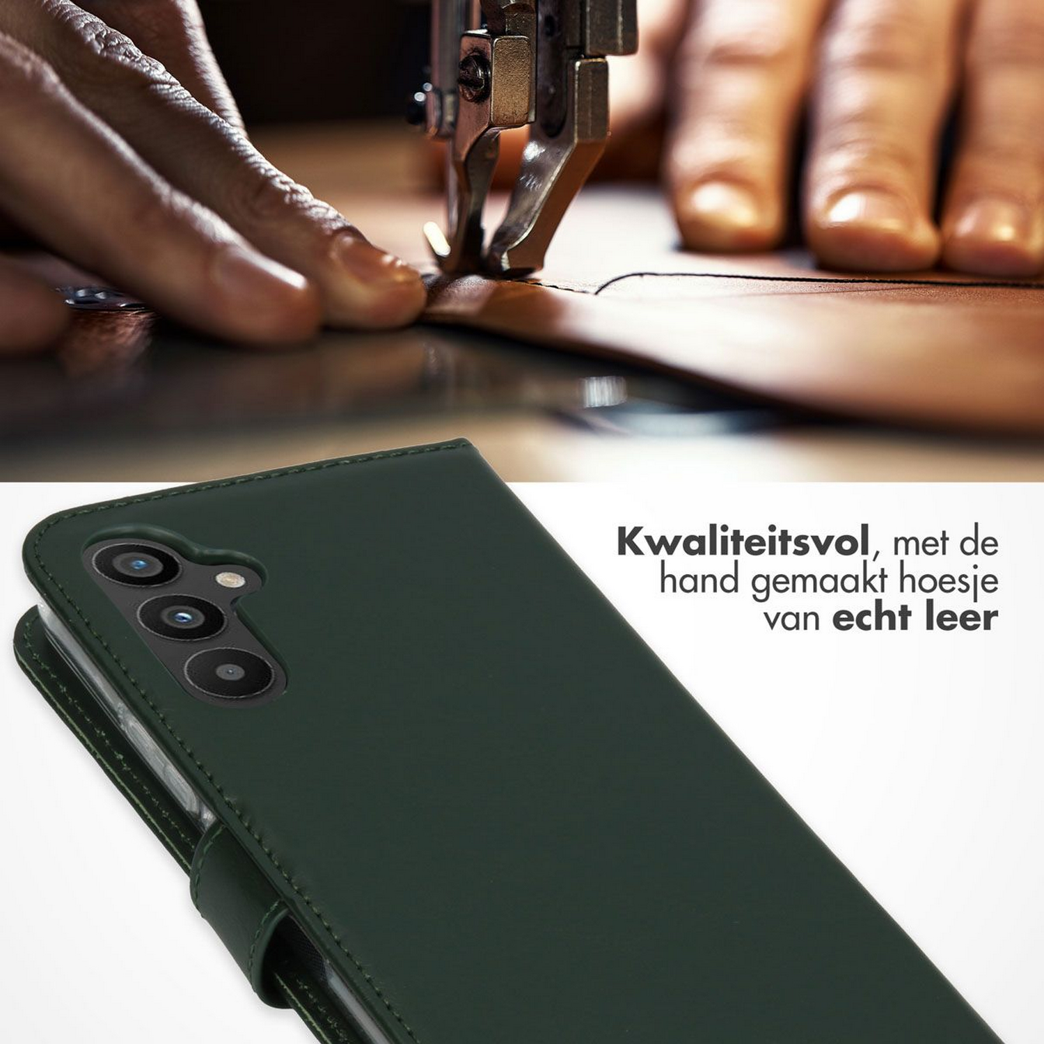 Een groen telefoonhoesje wordt genaaid. Een hand naait de hoes met een naaimachine.