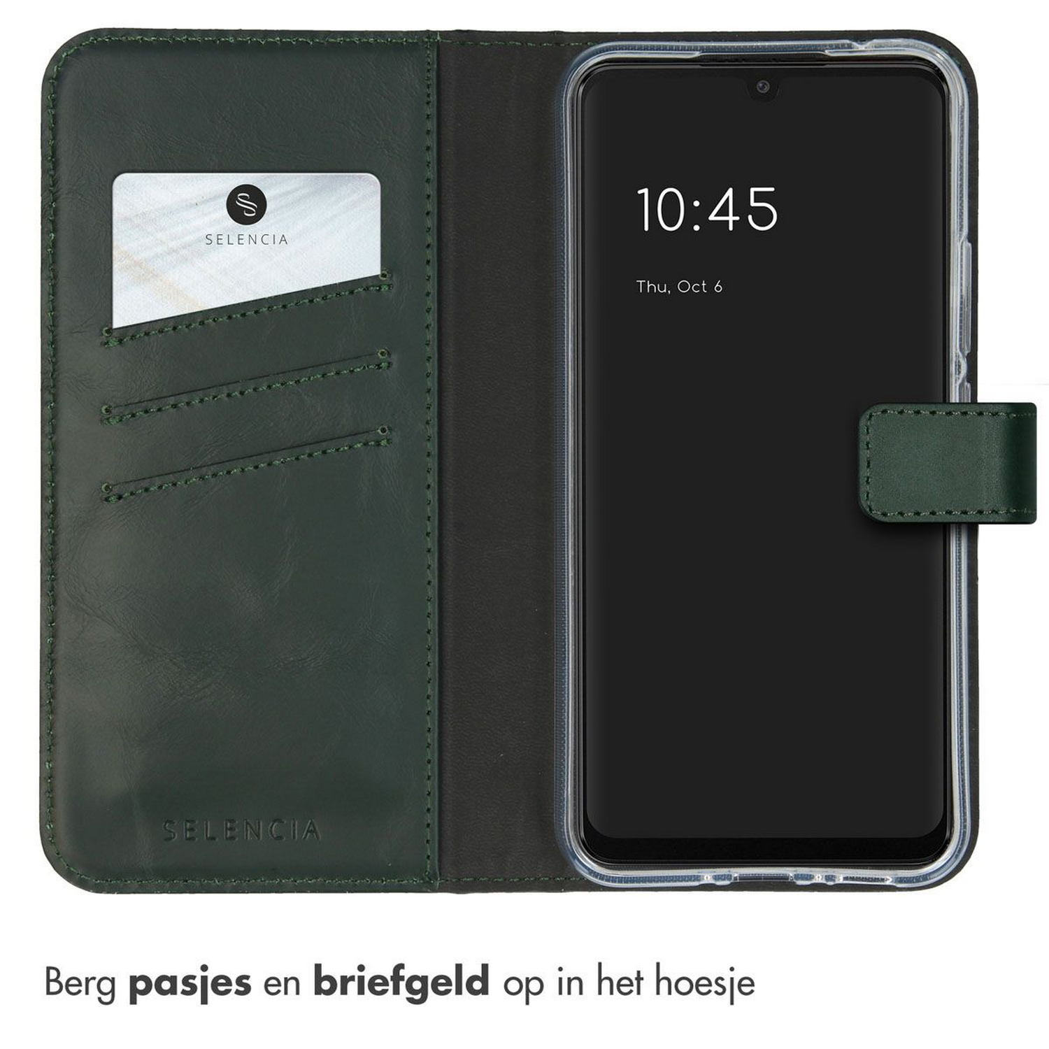 Groene telefoonhoes met telefoon erin. Toont tijd en datum. Tekst: 'Berg pasjes en briefgeld op het hoesje'.