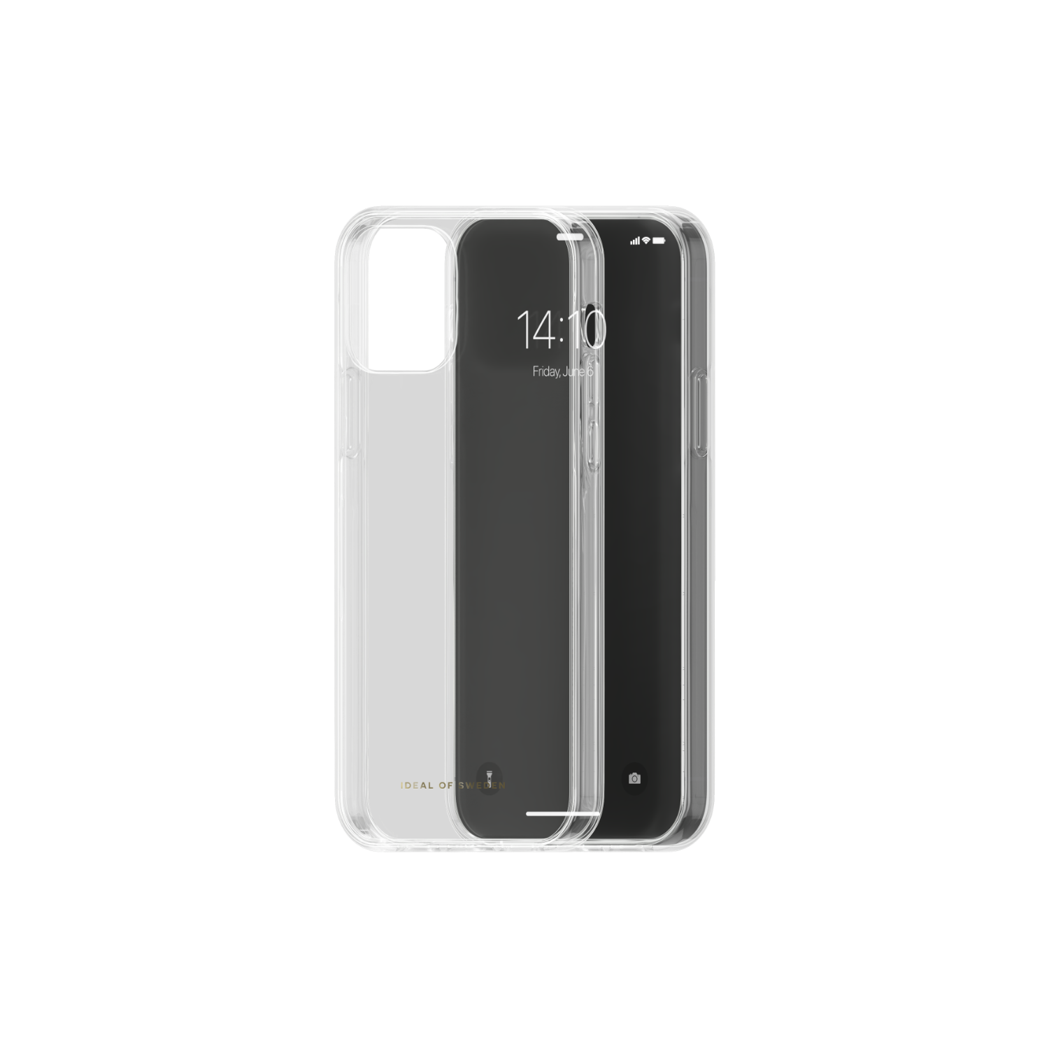 Transparente Handyhülle mit Handy, das Zeit und Datum anzeigt, vor Schwarz.