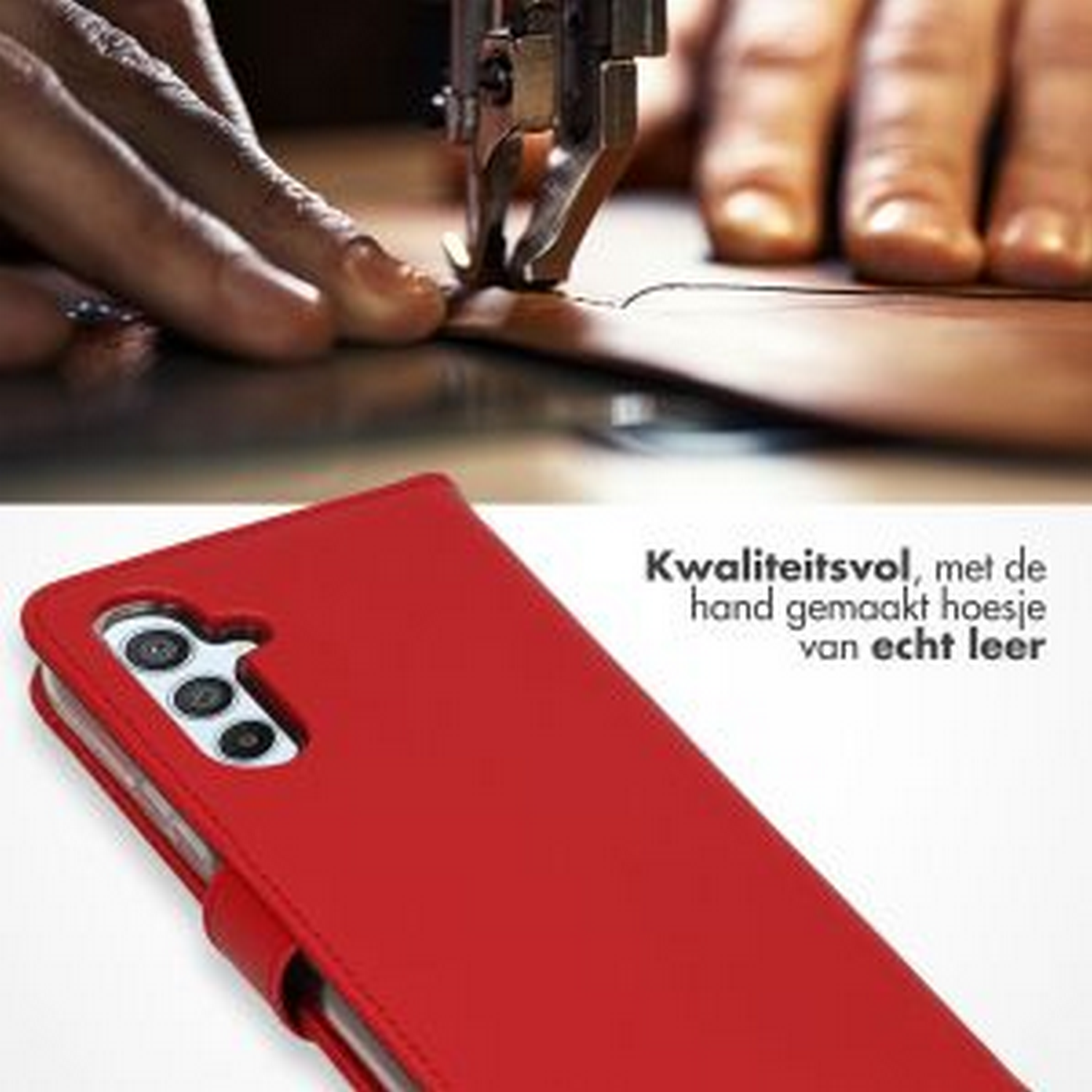 Een rode telefoonhoes wordt genaaid. Tekst: 'Kwaliteitsvol, met de hand gemaakt hoesje van echt leer'.