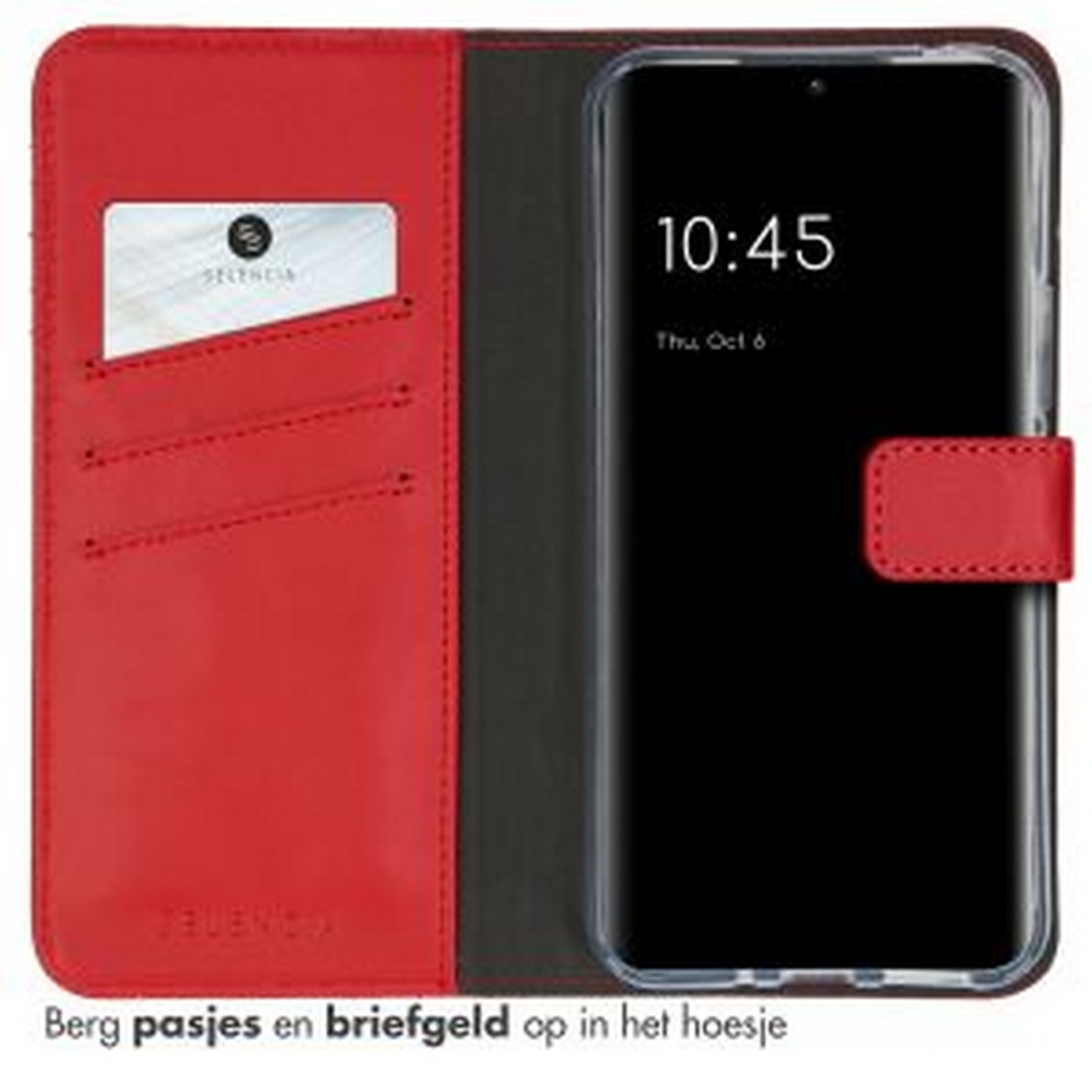 Een open rode telefoonhoes met een telefoon erin. Het toont een kaart en wat geld met een rode band.