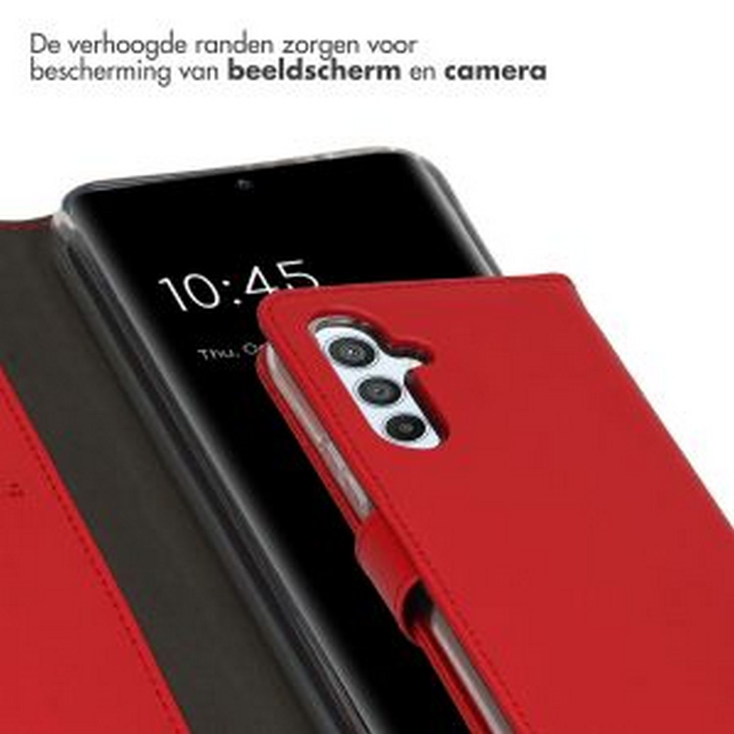 Rode telefoonhoes op een telefoon. De tijd is 10:45. Tekst zegt dat het het scherm en de camera beschermt.