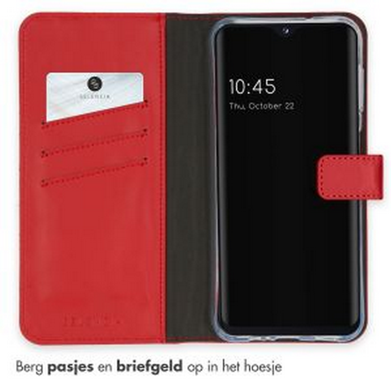 Rode telefoonhoes open, met een telefoon met scherm aan, kaartsleuven zichtbaar.