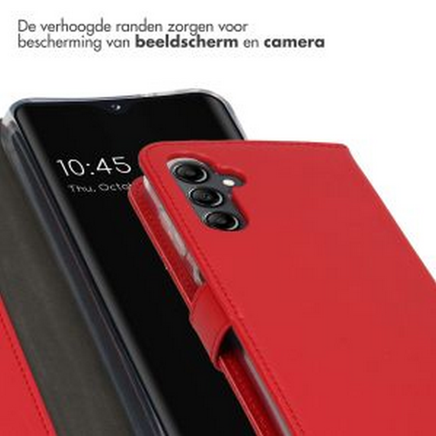 Rode telefoonhoes met een zwarte telefoon erin. De tijd op het scherm is 10:45. Tekst in het Nederlands zichtbaar.