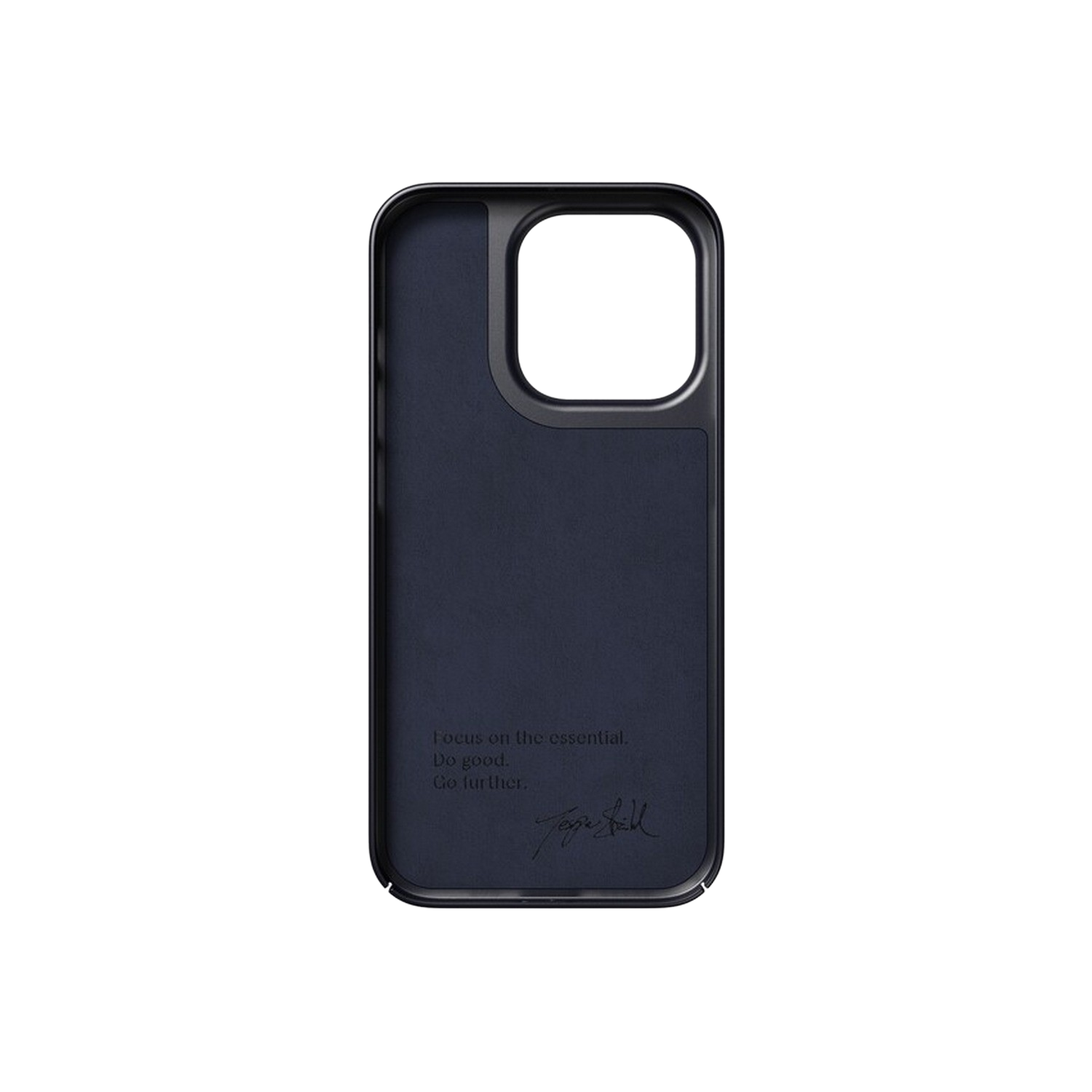 Étui de téléphone bleu foncé, l'intérieur a une signature et du texte. Fond noir.