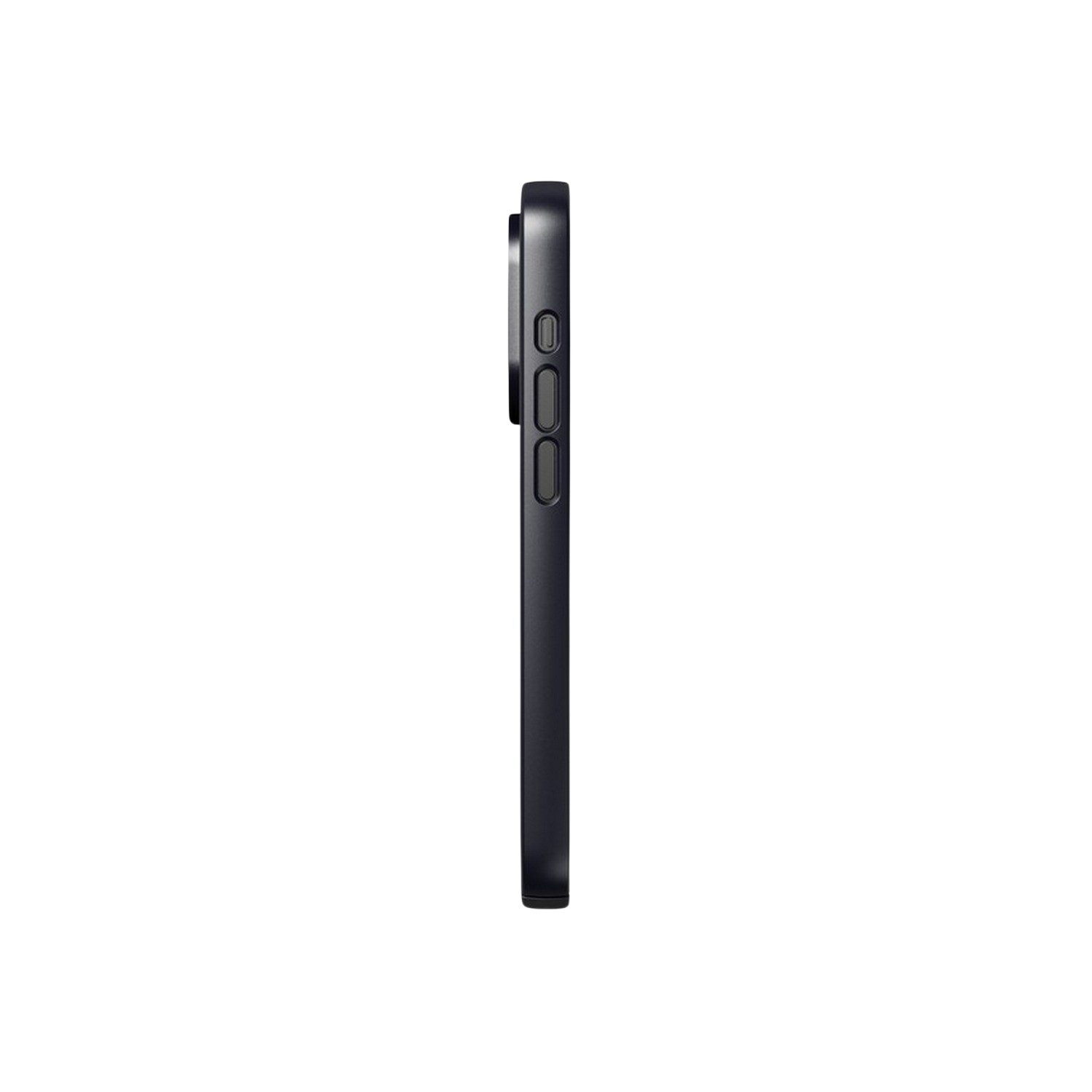 Coque de téléphone noire vue de côté, avec boutons, sur fond noir.