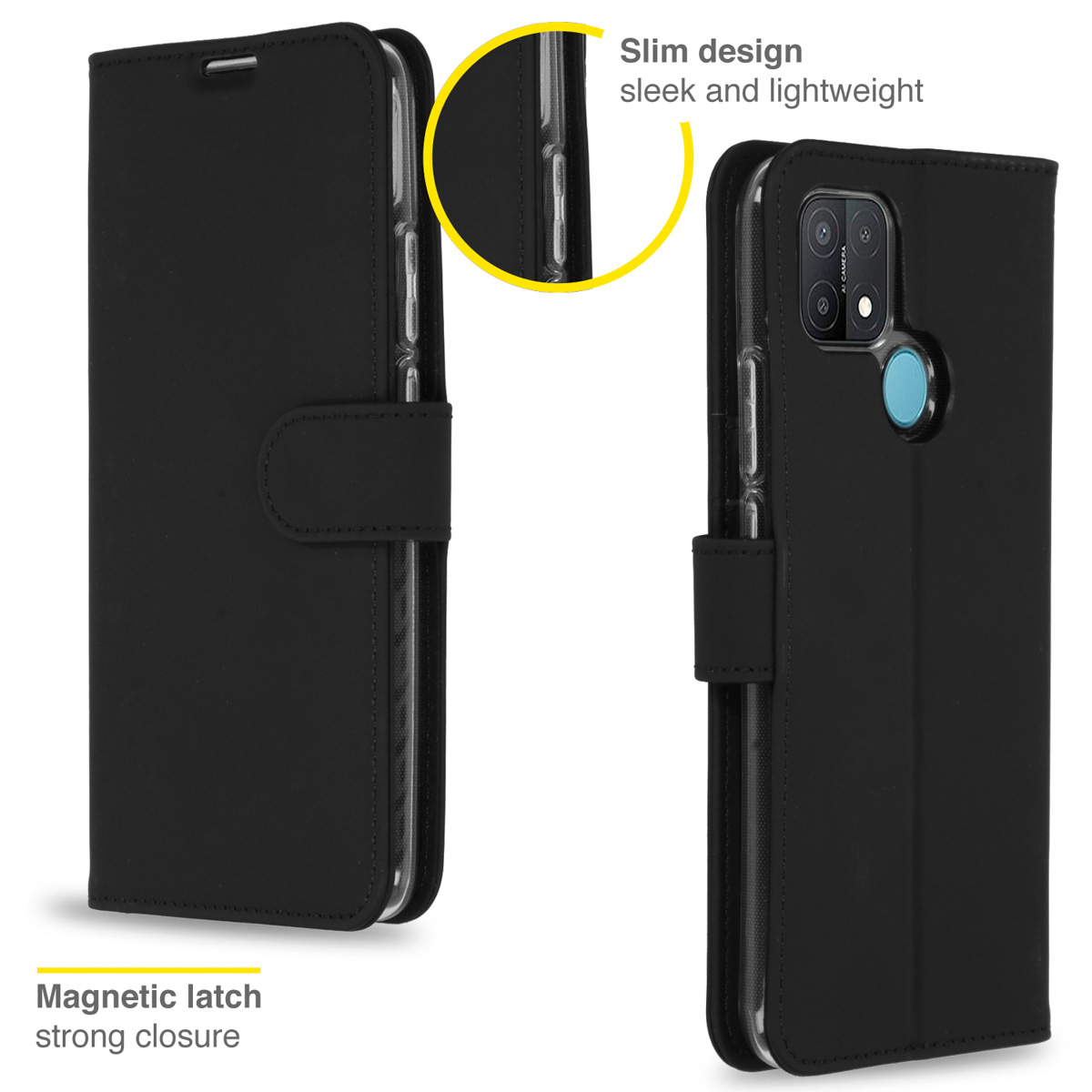 Custodia per telefono nera, aperta, con chiusura magnetica. Telefono con fotocamera e pulsante.