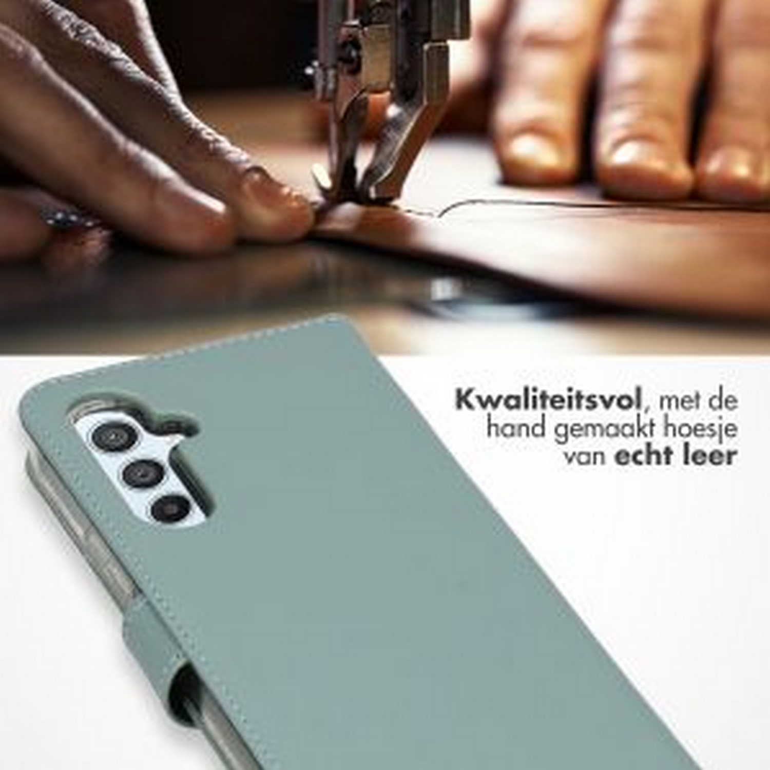 Een hand naait leer met een machine; een telefoonhoesje staat op de voorgrond.