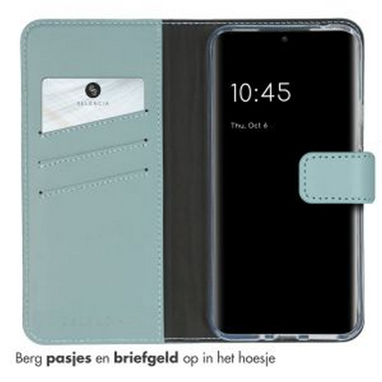 Een blauwe telefoonhoes is open, met een telefoon erin. Er zijn kaartsleuven in de hoes.