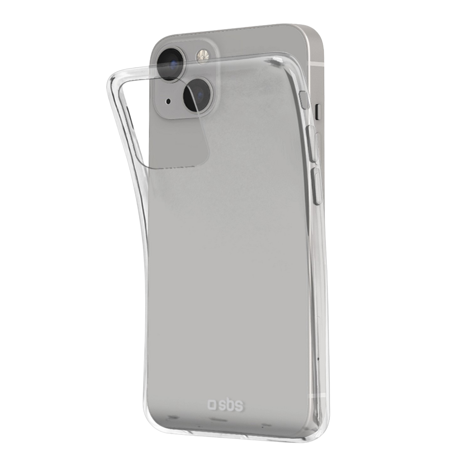 Przezroczyste etui z otwartą klapką, szary telefon w środku. Logo SBS na dole.