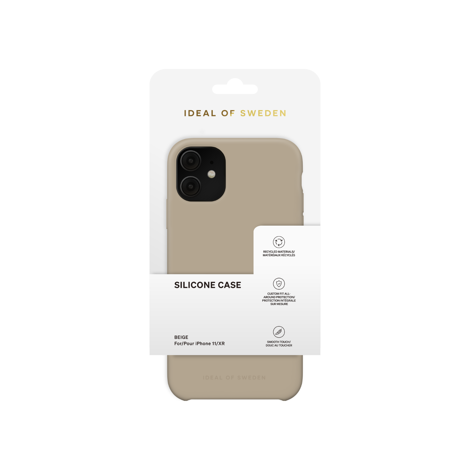 Eine beige Silikon-Handyhülle in einer Box mit weißem Hintergrund.