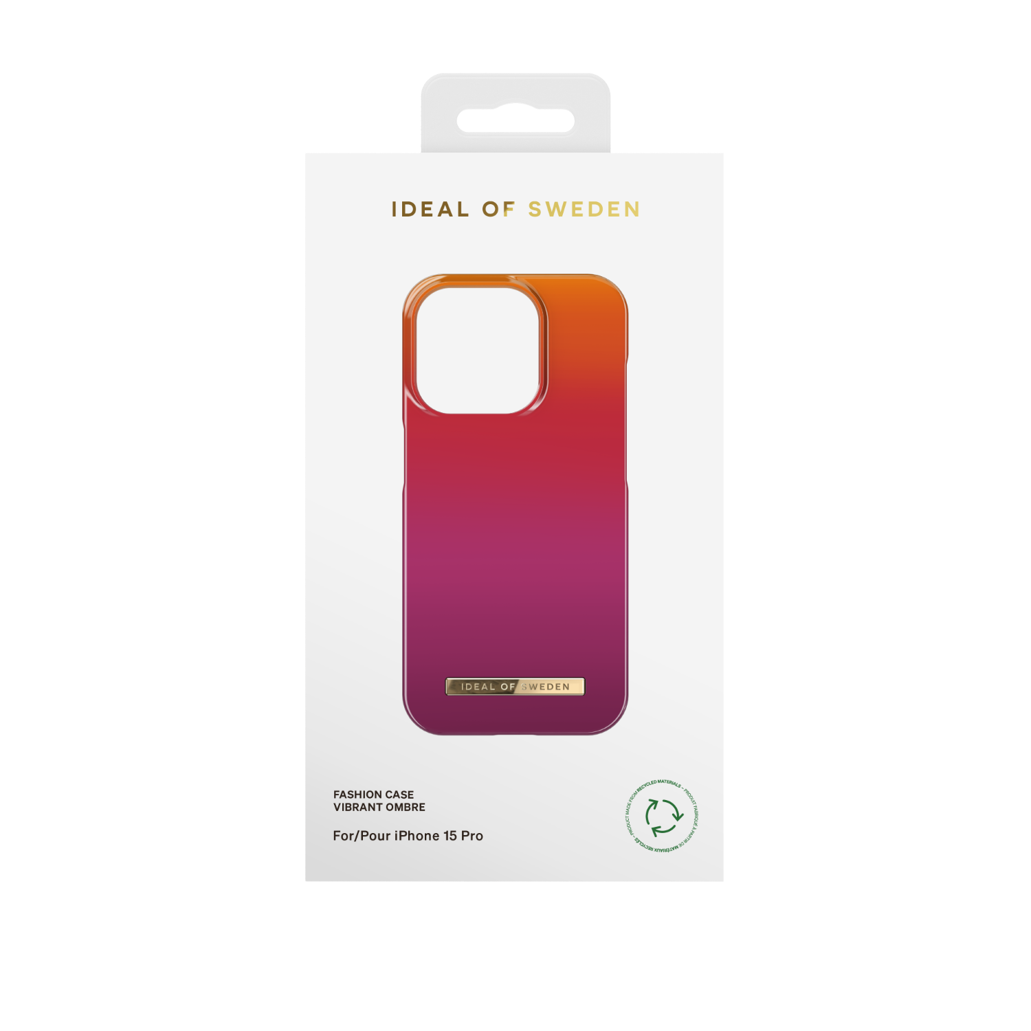 Ombre telefon kılıfı ambalajı, kırmızıdan turuncuya geçiş, marka görünür.