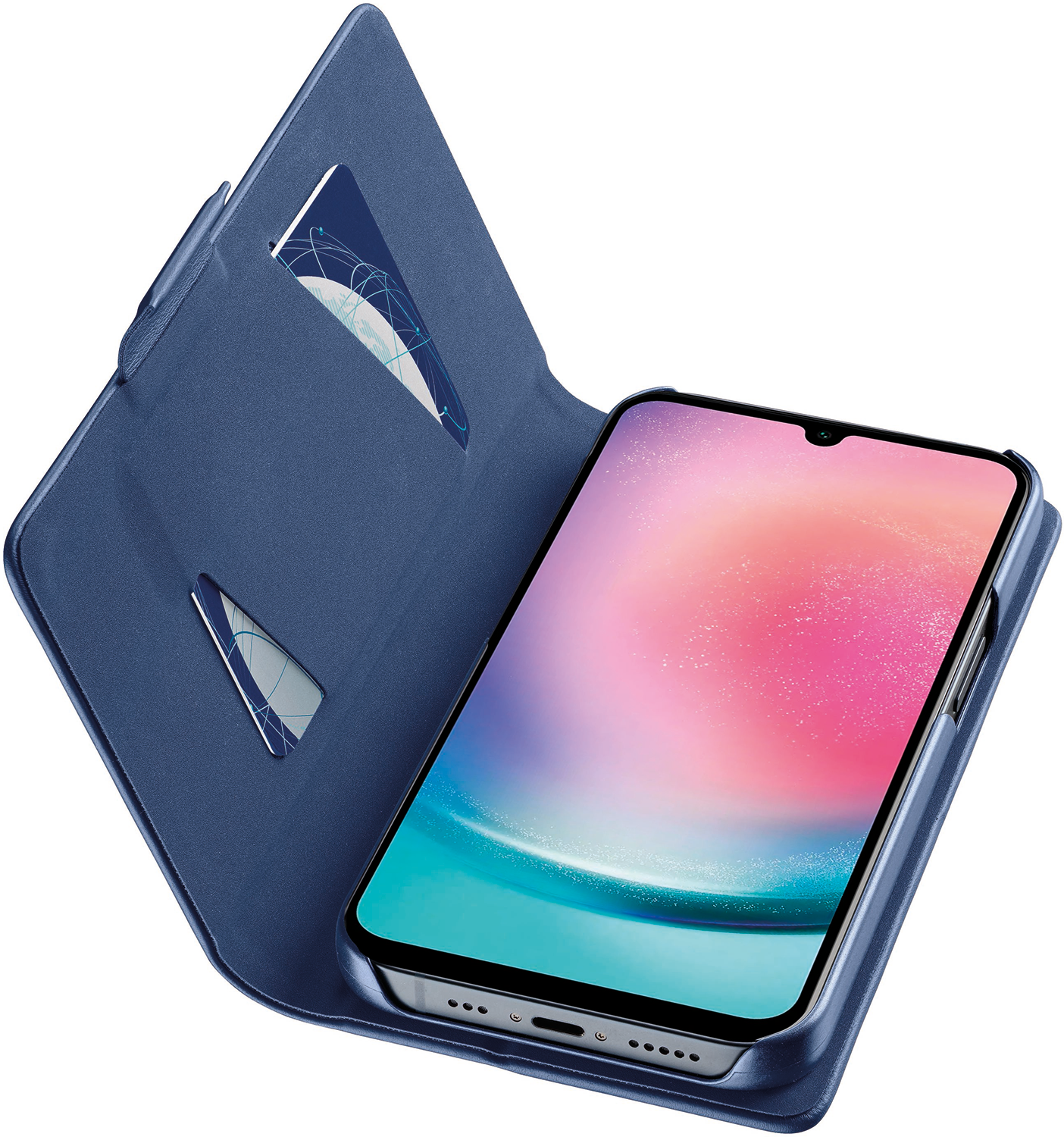 Eine blaue Handyhülle offen, zeigt ein Telefon mit farbenfrohem Bildschirm. Hat Kartenfächer.