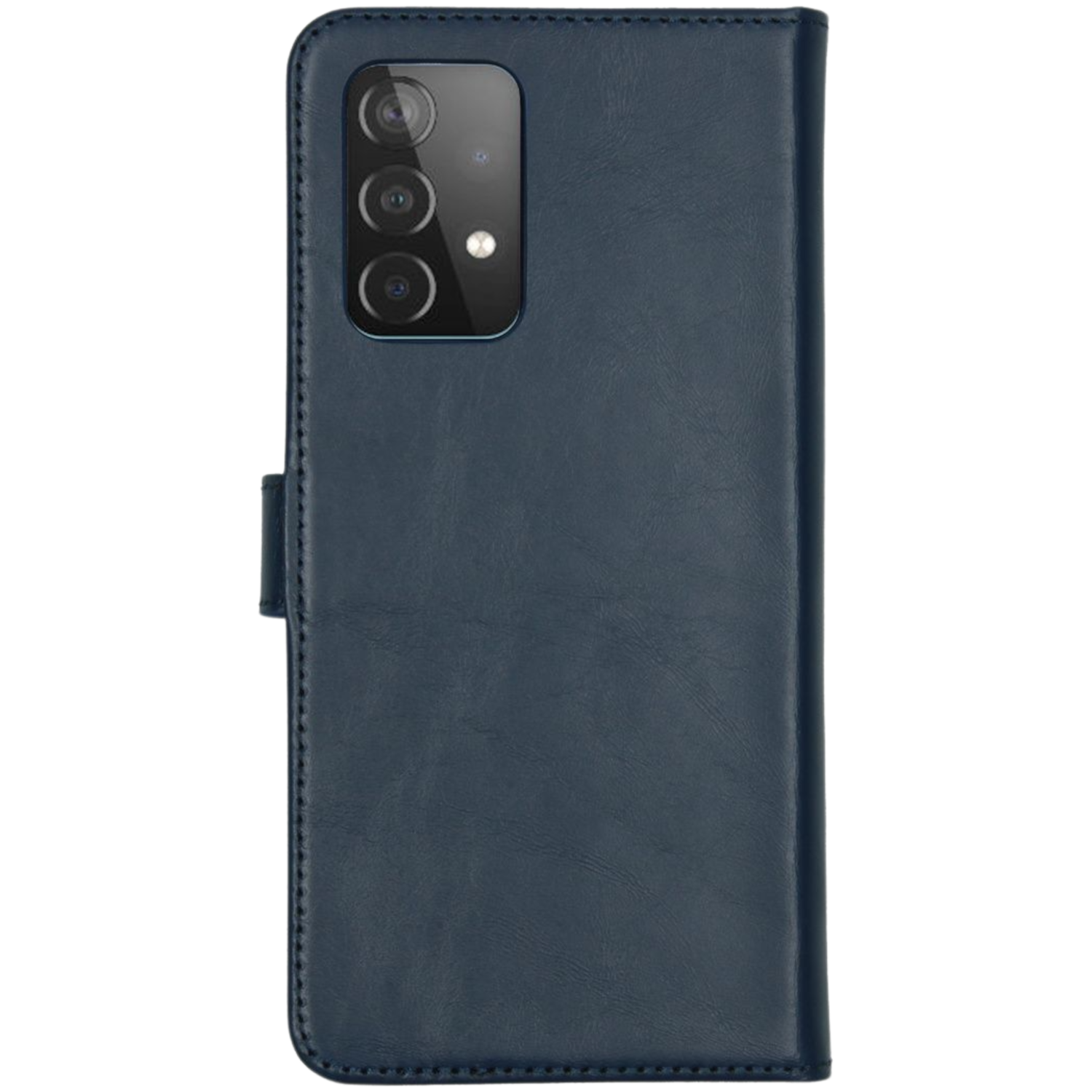 Blaue Handyhülle, geschlossen, mit einem Telefon darin. Drei Kameras auf der Rückseite.