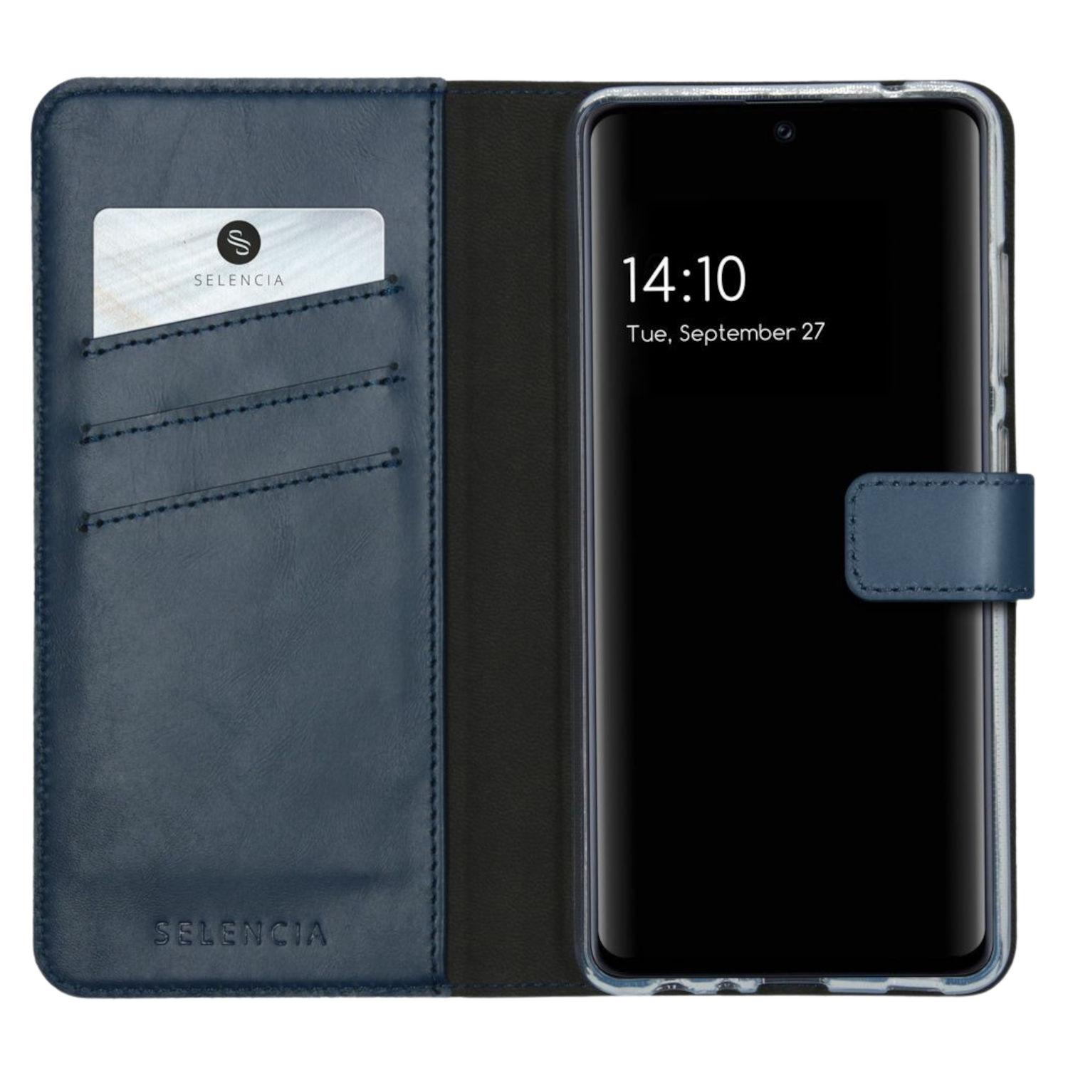 Offene blaue Handyhülle mit Telefon, das Zeit und Datum anzeigt.