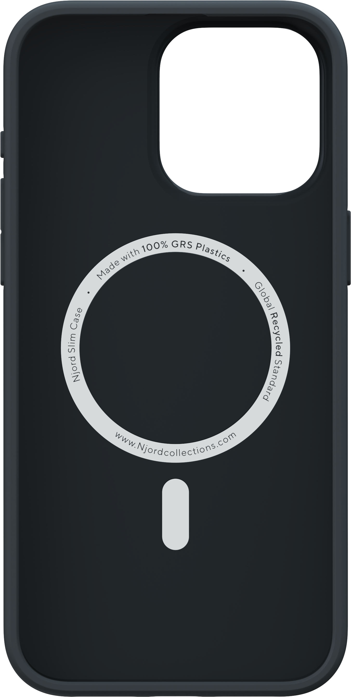 Custodia per telefono blu scuro con cerchio bianco e testo sul retro.