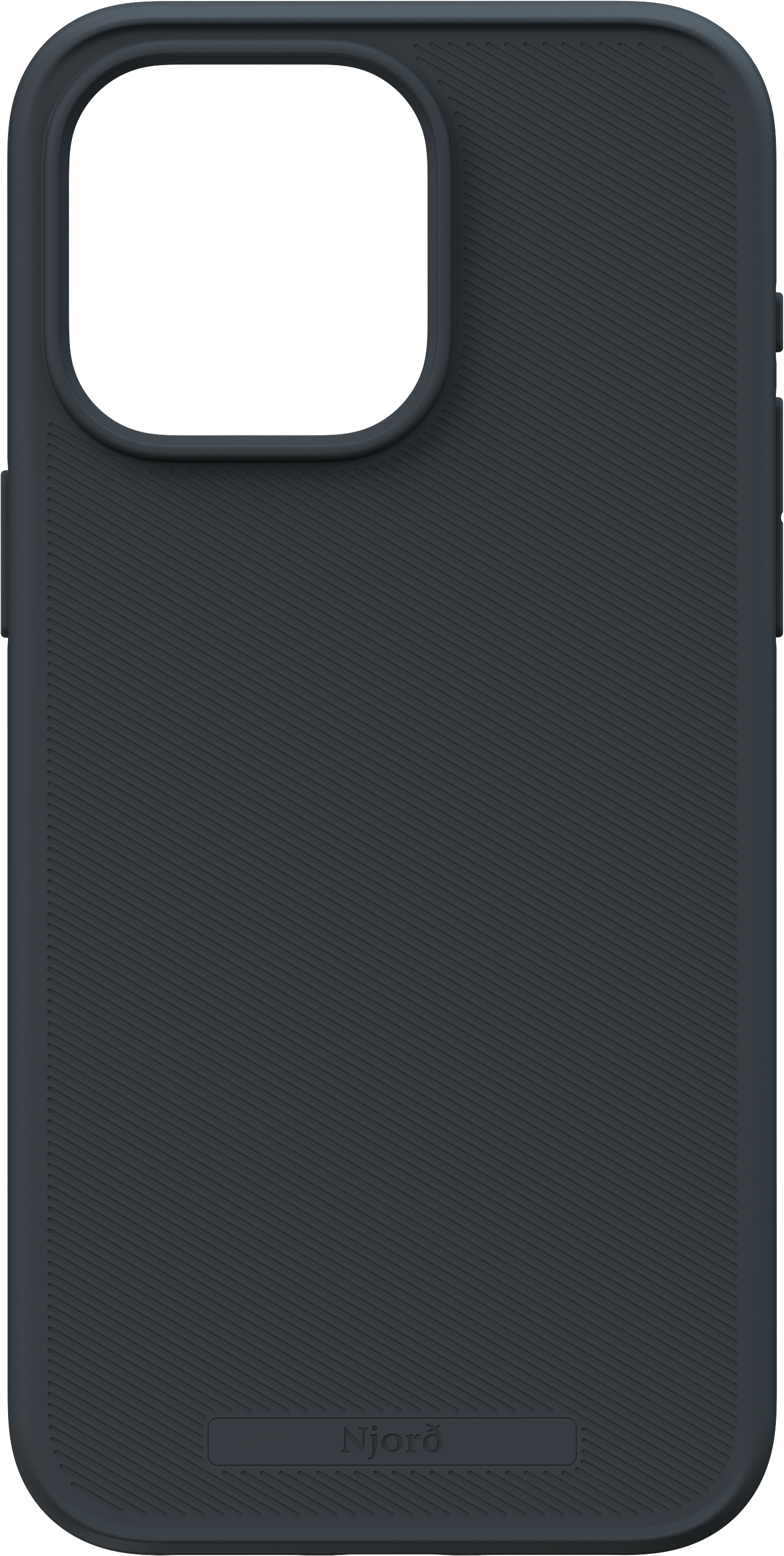 Custodia per telefono blu scuro con motivo strutturato e ritaglio per la fotocamera.