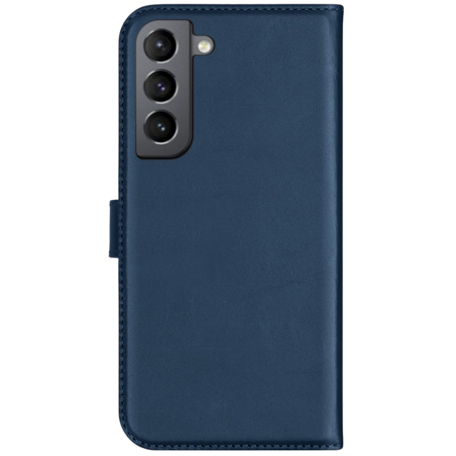 Blauwe telefoonhoes, opengeklapt om een telefoon te onthullen. De hoes heeft een magneetsluiting.