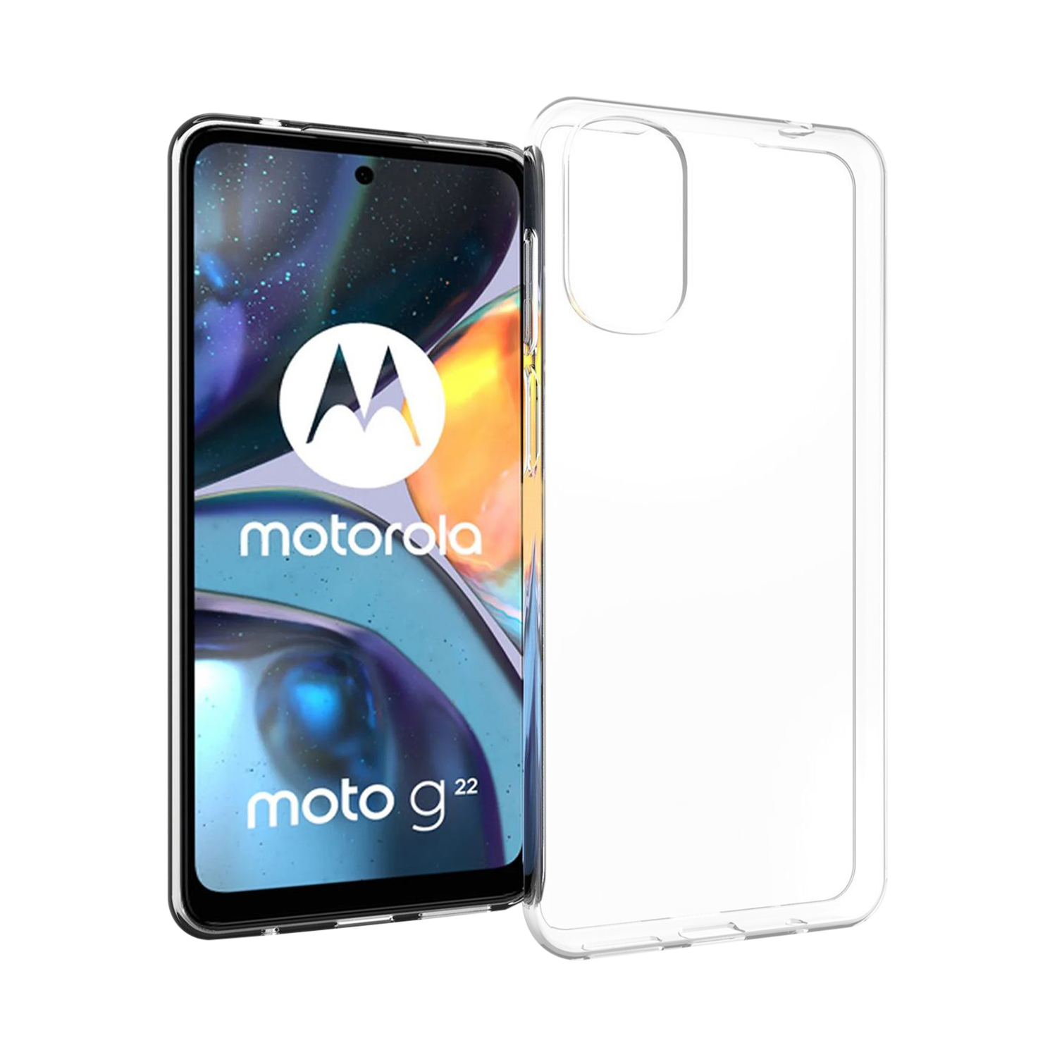 Téléphone Motorola avec étui transparent. Le téléphone affiche le logo et le nom du modèle.