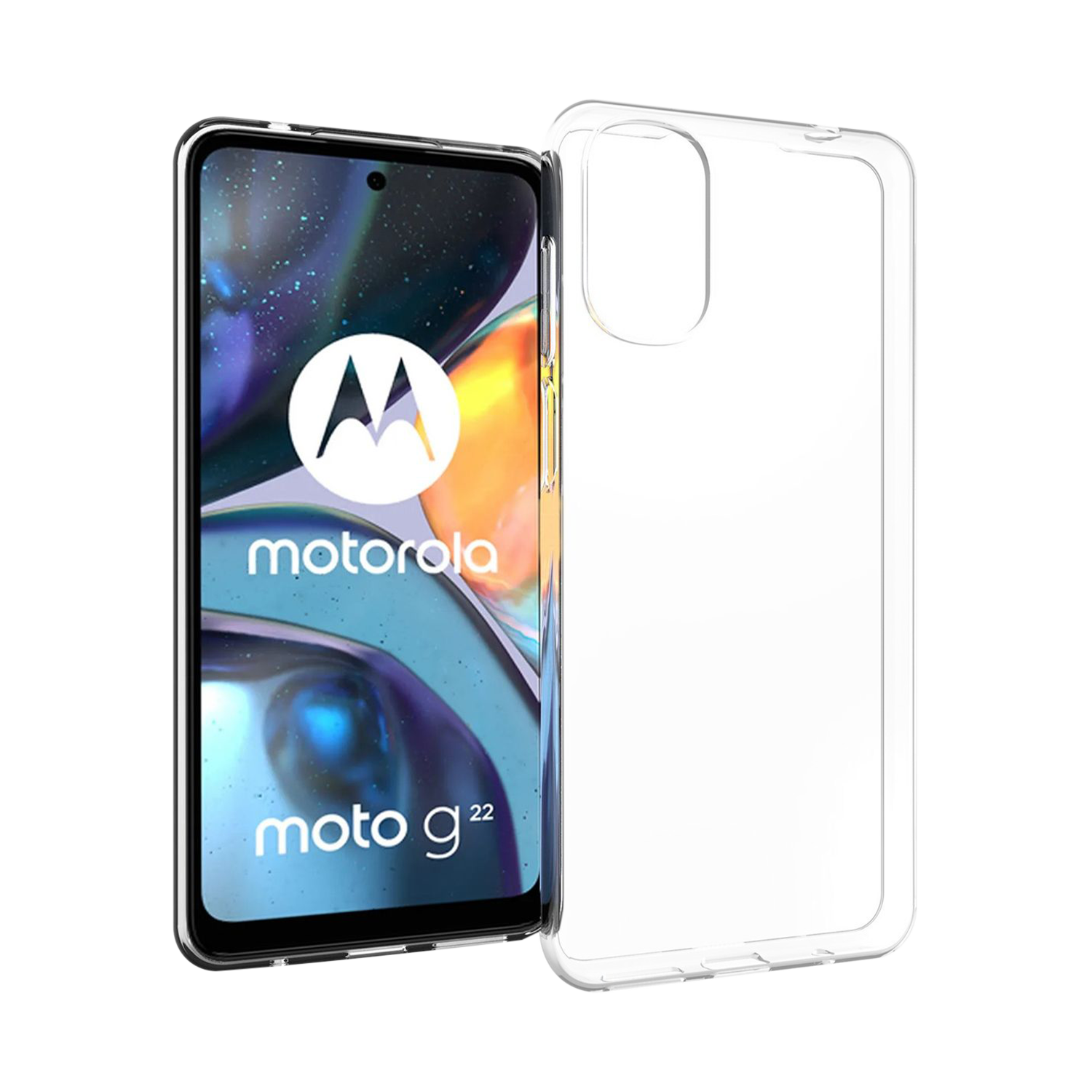 Téléphone Motorola Moto G22 dans une coque transparente.
