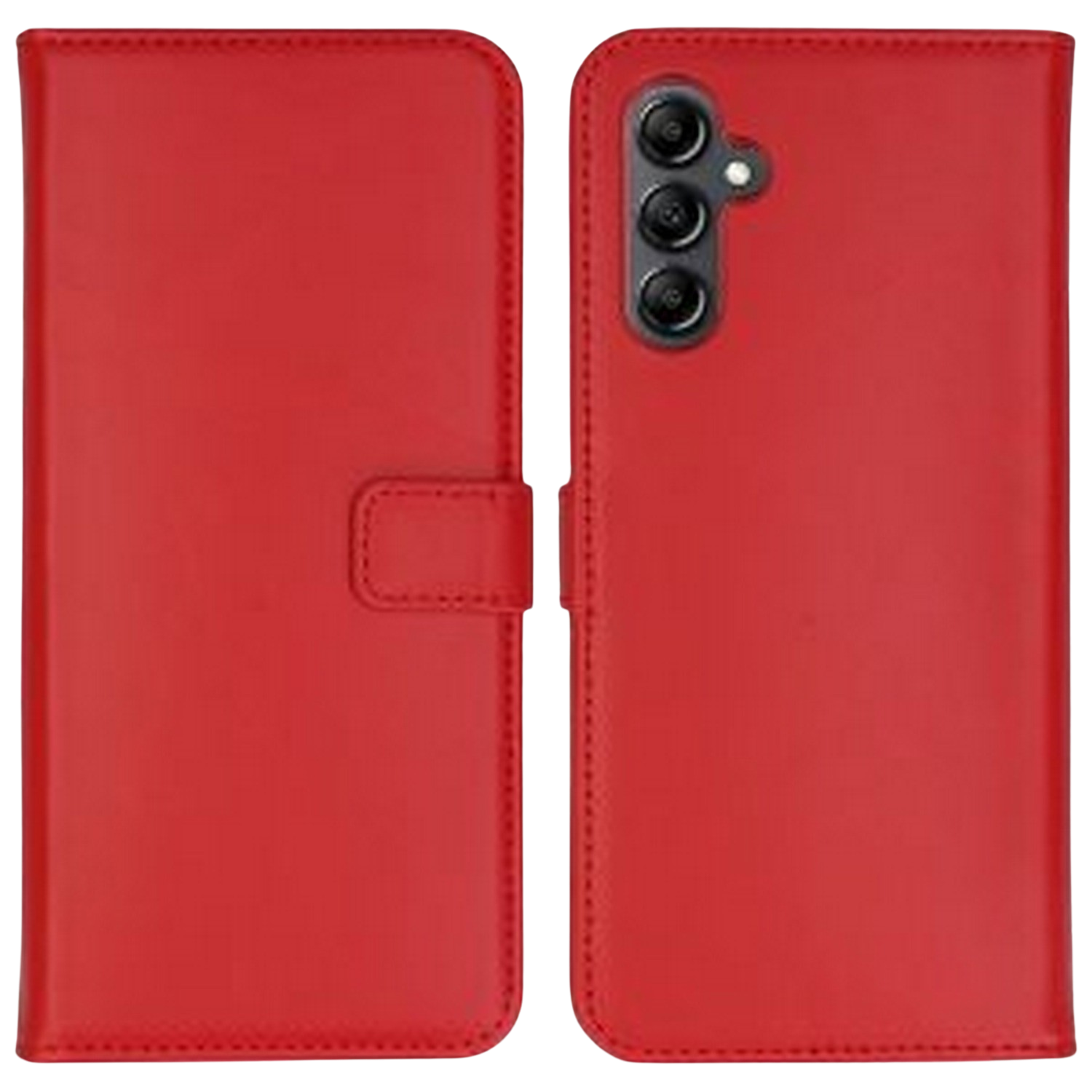 Rode telefoonhoes, gesloten, met een telefoon erin. Rood leer.