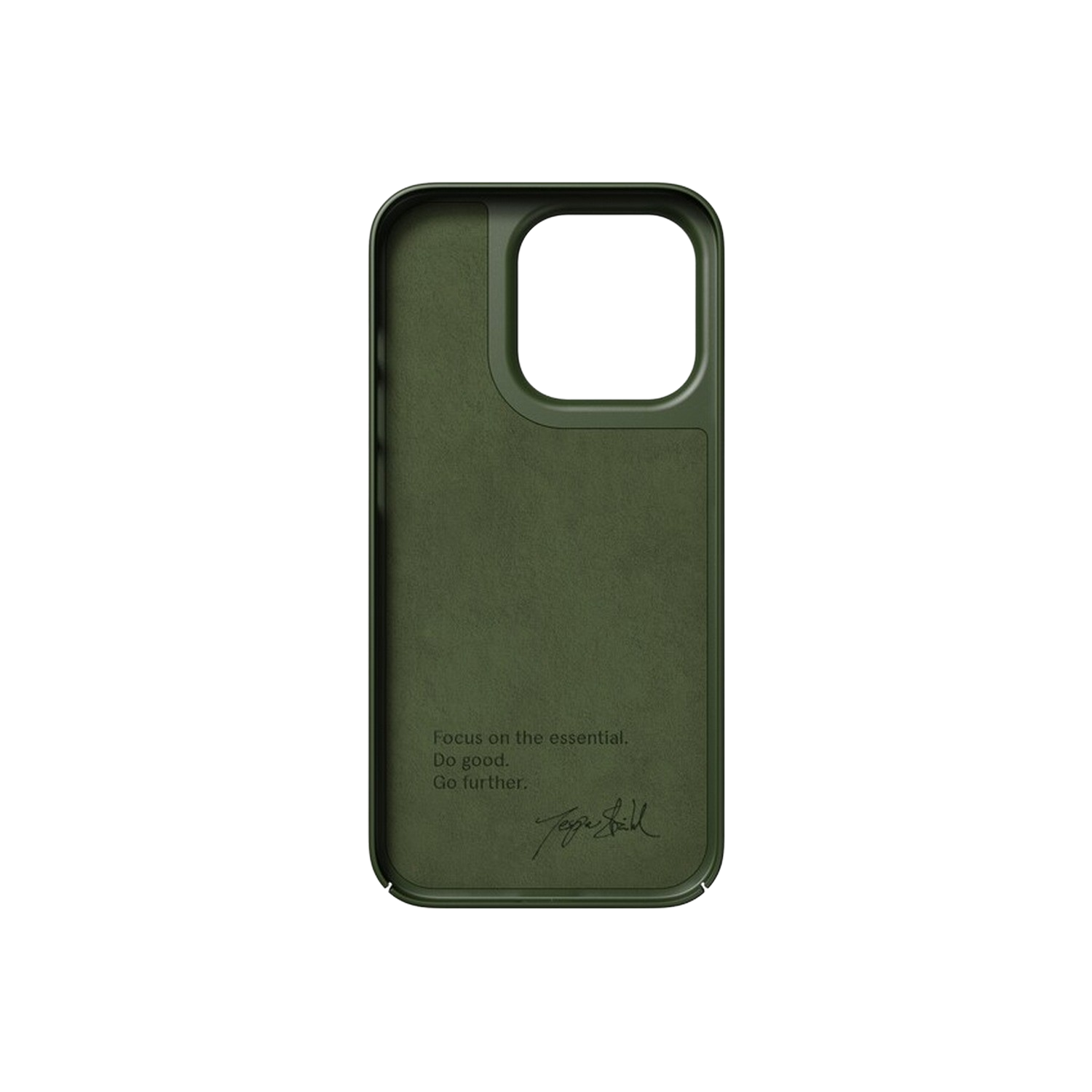 Coque de téléphone vert olive, avec message et signature à l'intérieur.