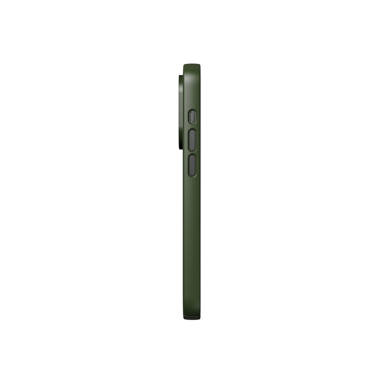 Vue latérale d'une coque de téléphone verte. Le fond est noir.