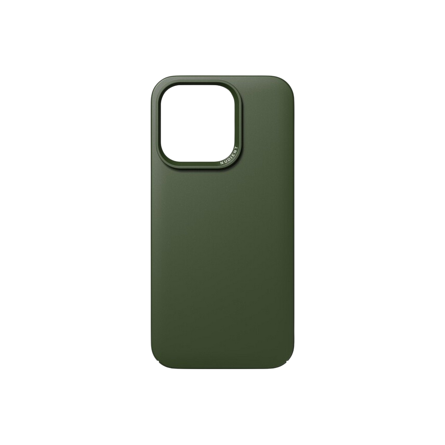 Coque de téléphone vert olive sur fond noir, avec découpe caméra.