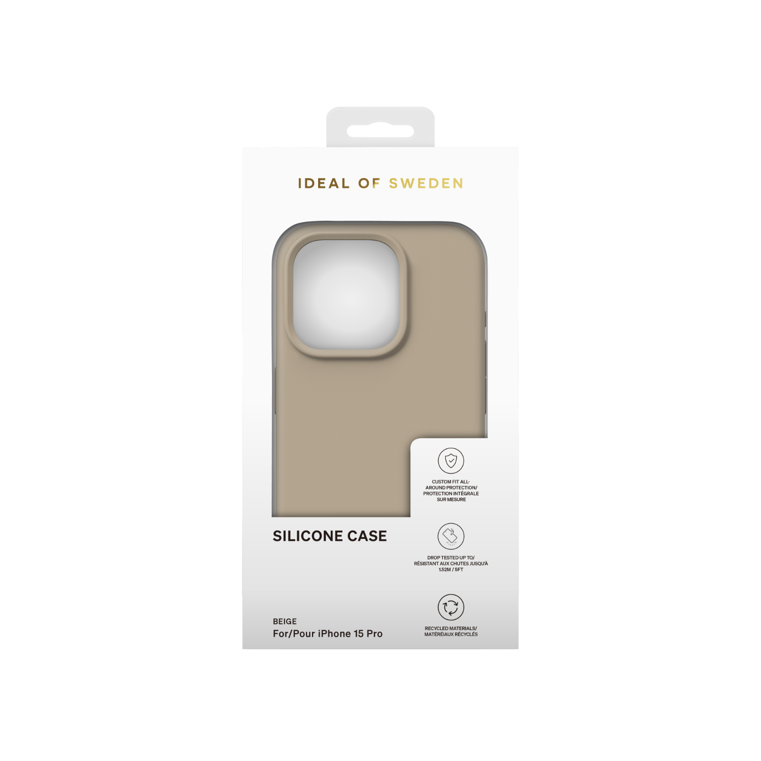 Eine beige Silikon-Handyhülle in ihrer Verpackung mit Produktdetails.