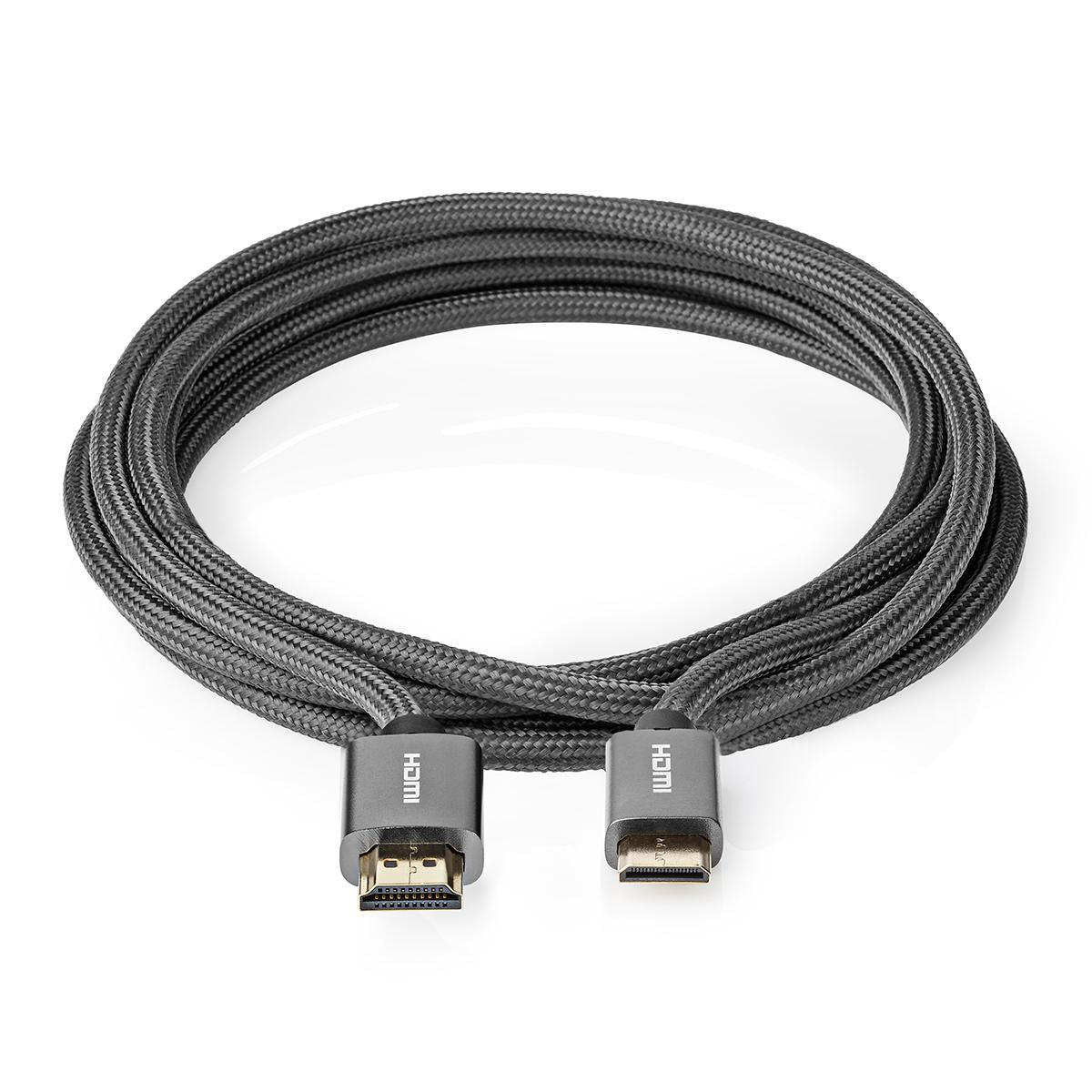 Schwarzes HDMI-Kabel. Beide Enden haben das HDMI-Logo. Das Kabel ist aufgerollt.