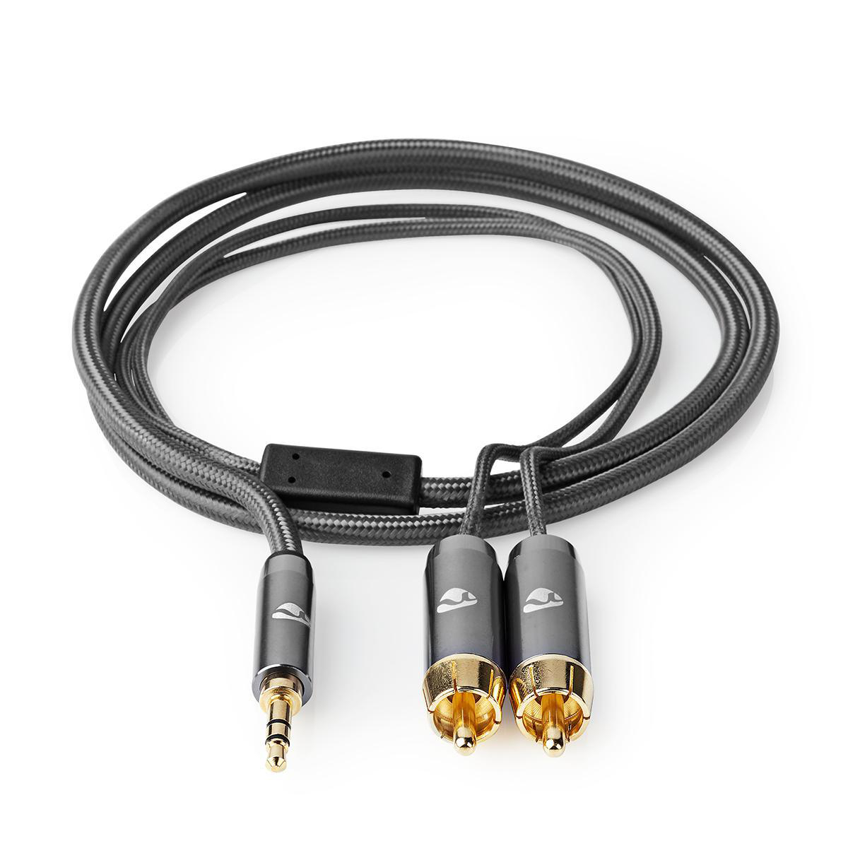 Grijze audiokabel met een 3,5 mm jack en twee RCA-connectoren.