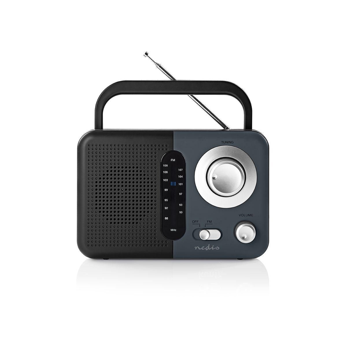 Retro-Radio mit einem Griff. Es ist schwarz und grau mit einem silbernen Knopf und Zifferblatt.