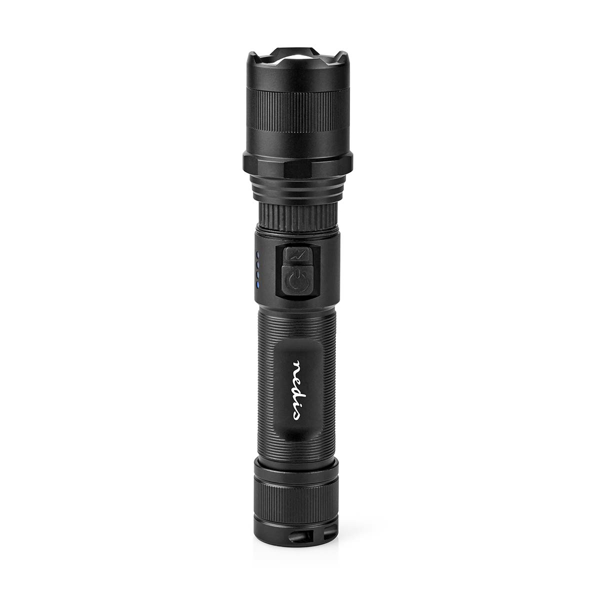 Lampe de poche Nedis noire, forme cylindrique, avec un bouton et une prise en main texturée.