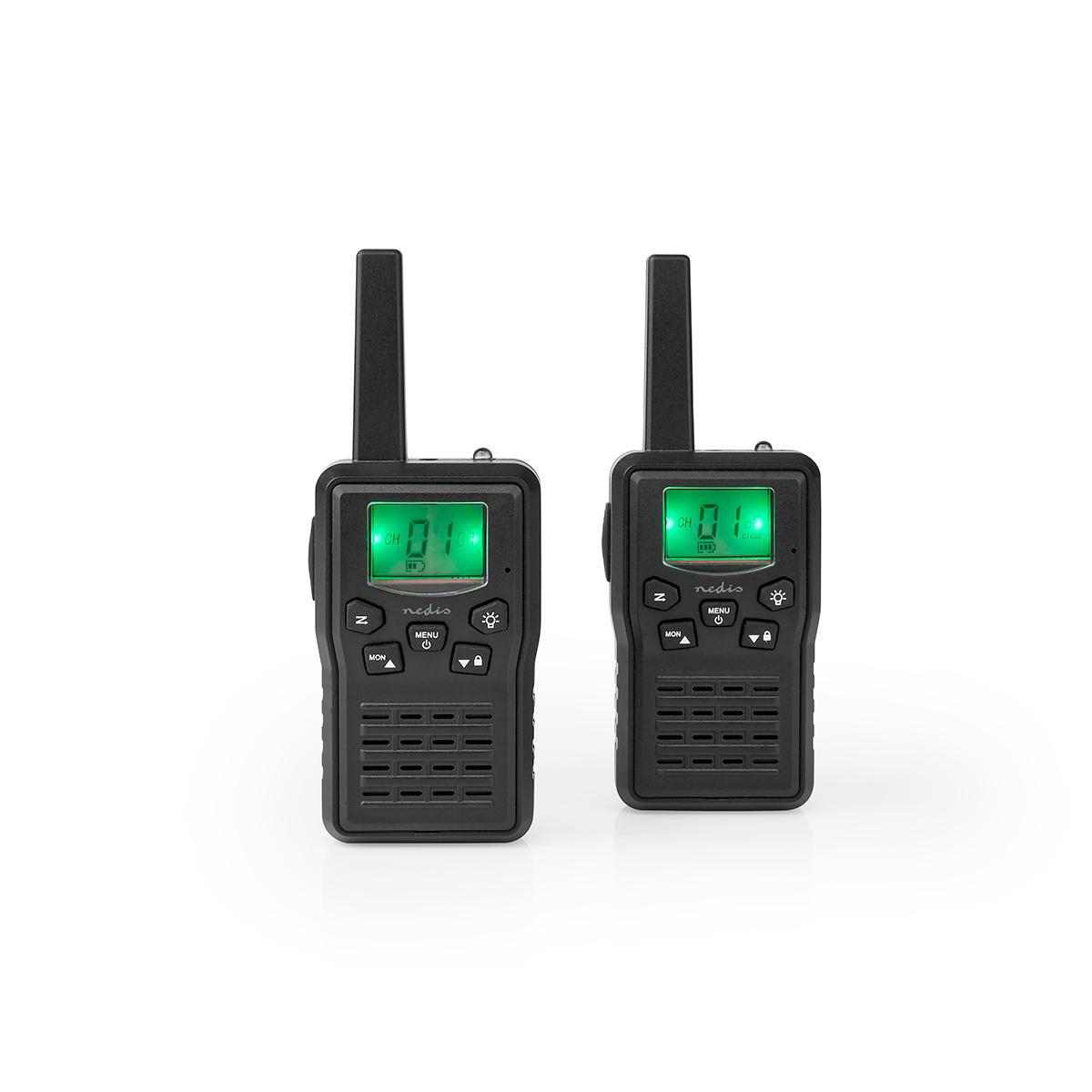 Due walkie-talkie neri con schermi verdi sono mostrati.