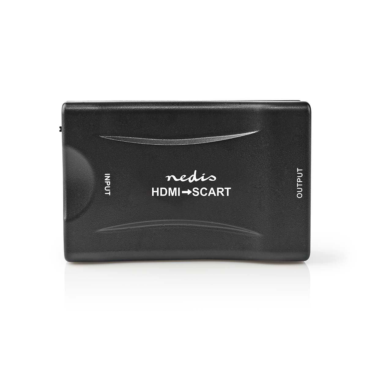 Adattatore da HDMI a SCART nero. Sono visibili le etichette di ingresso e uscita. Il marchio 'nedis' è sul davanti.