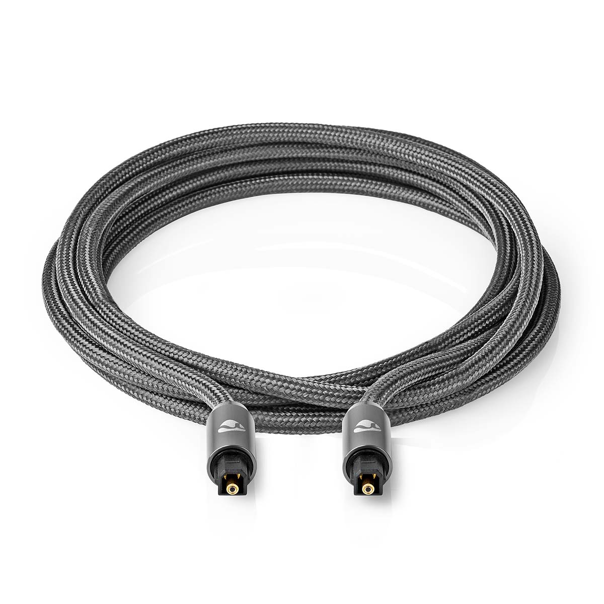 Câble audio optique gris enroulé, avec deux connecteurs visibles. Fond blanc.