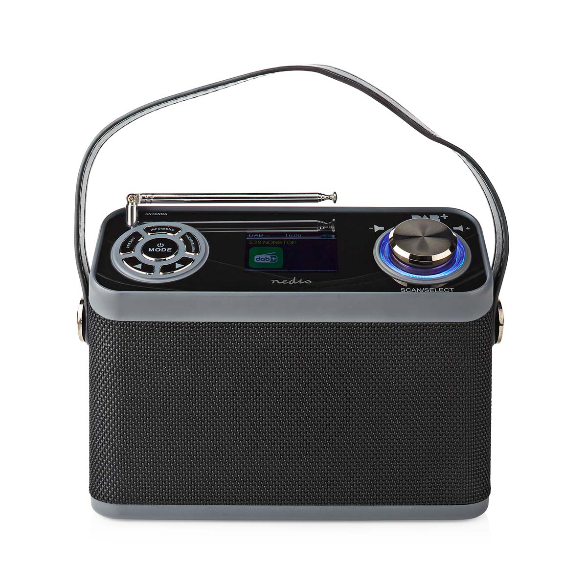 Zwarte en grijze draagbare DAB-radio met een handvat en antenne, op een witte achtergrond.